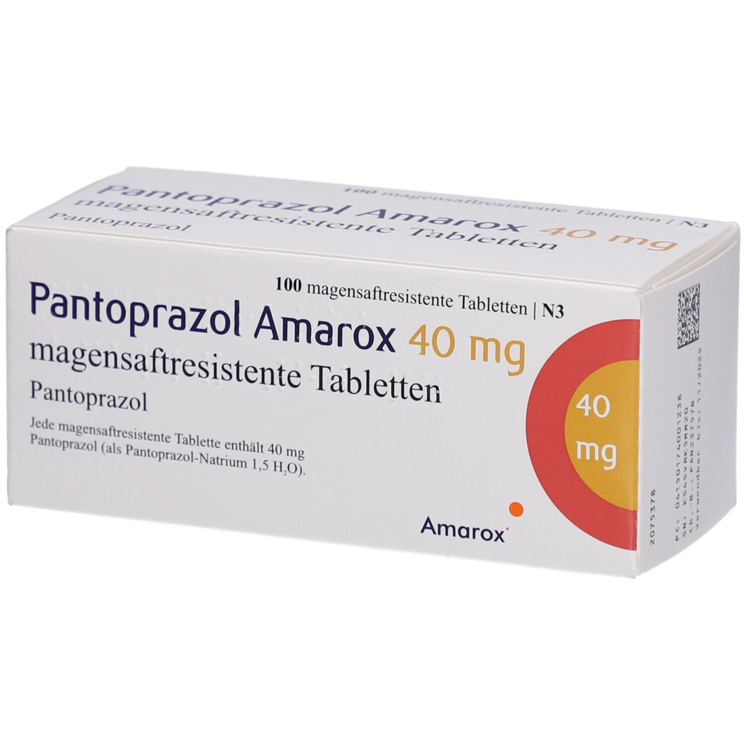 Schachtel mit Pantoprazol Amarox 40 mg magensaftresistente Tabletten. Aufdruck: 40 mg, Amarox.