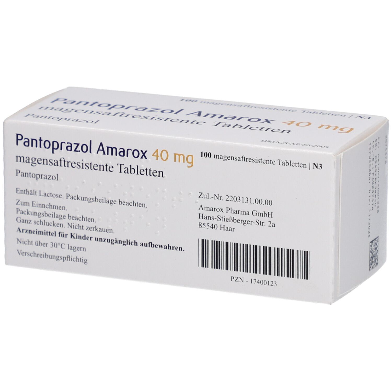 Schachtel mit Pantoprazol Amarox 40 mg magensaftresistente Tabletten. Aufdruck: 40 mg, Amarox.