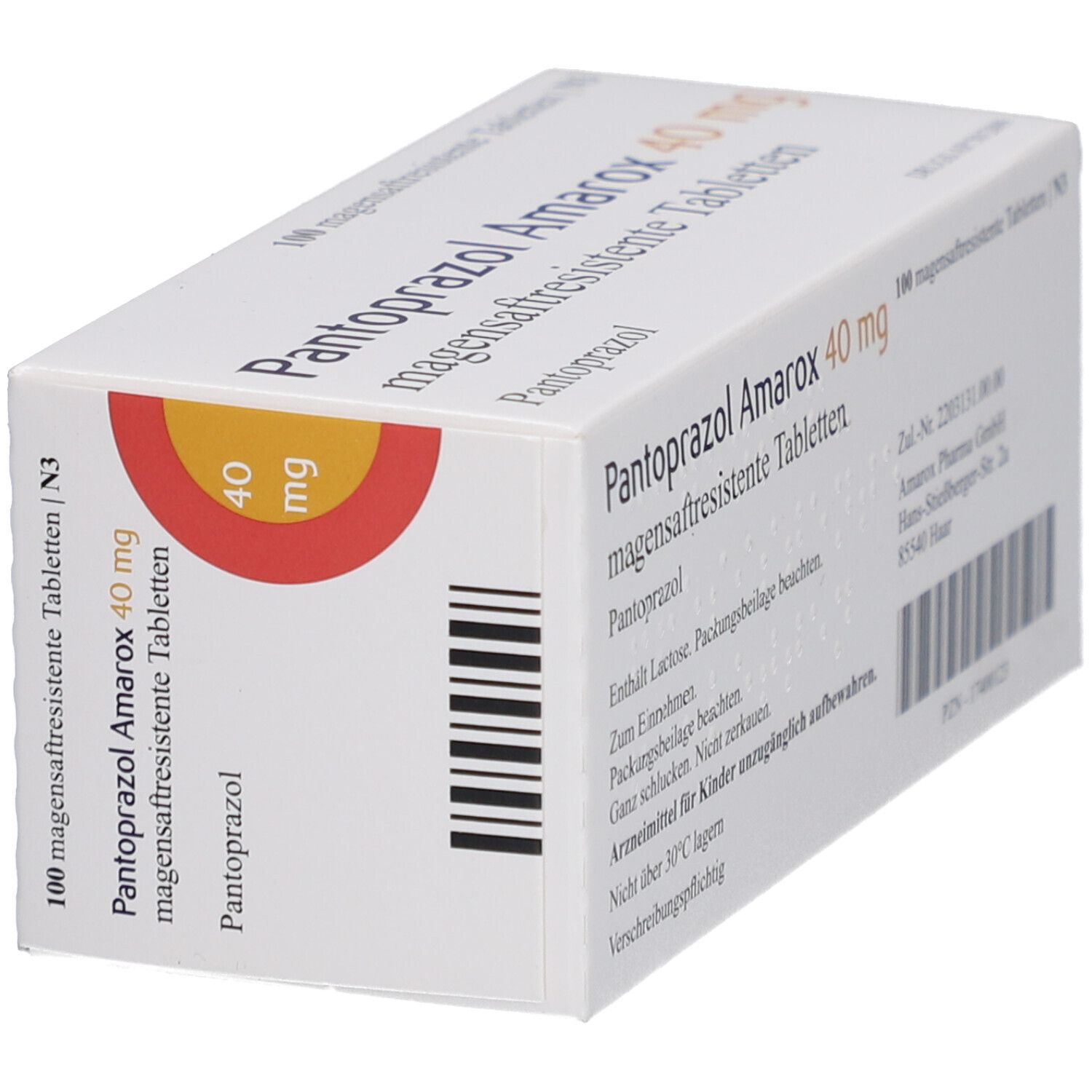 Schachtel mit Pantoprazol Amarox 40 mg magensaftresistente Tabletten. Aufdruck: 40 mg, Amarox.
