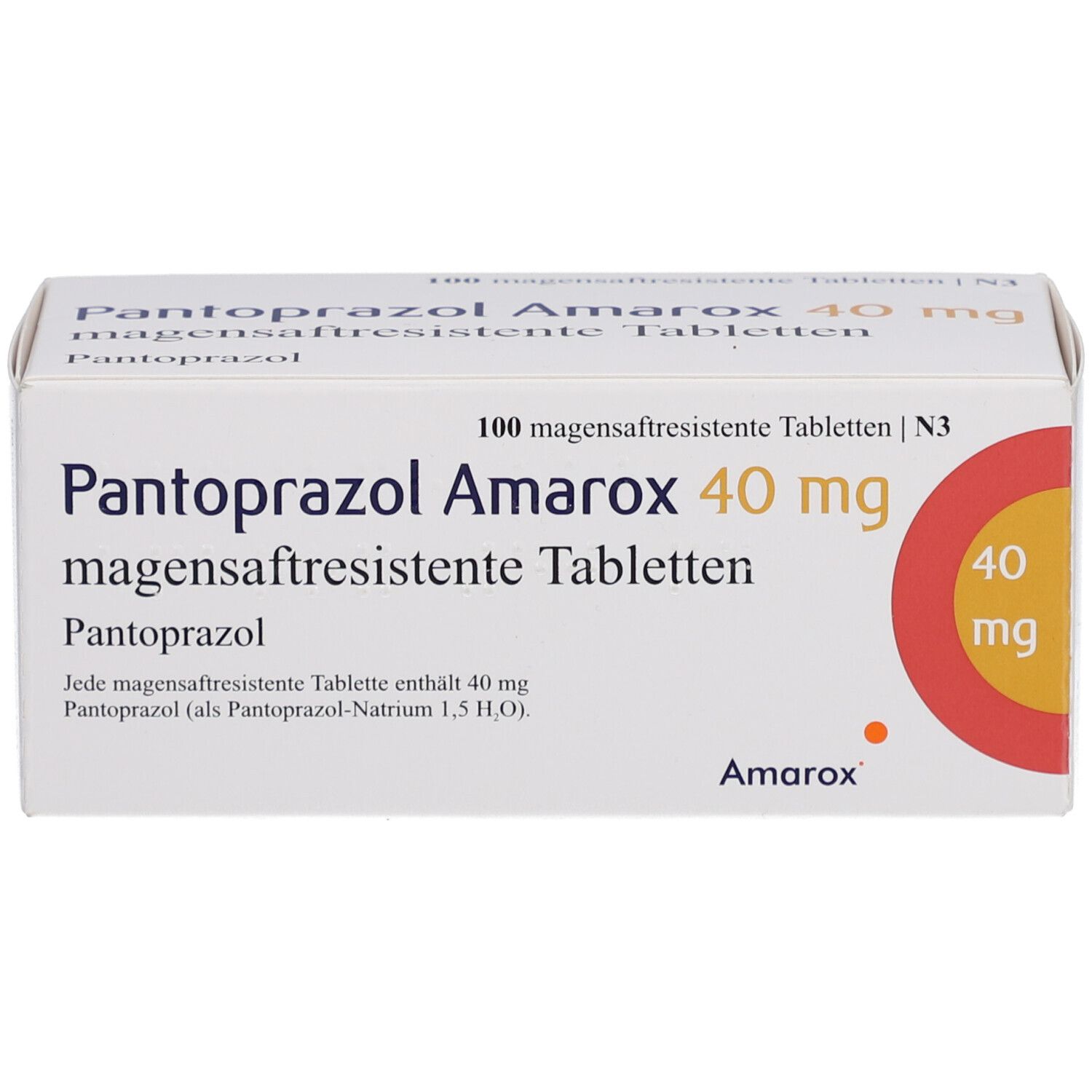 Schachtel mit Pantoprazol Amarox 40 mg magensaftresistente Tabletten. Aufdruck: 40 mg, Amarox.