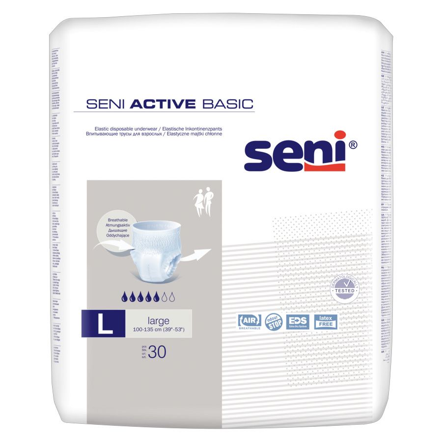Verpackung Seni Active Basic Inkontinenzpants. Größe L. 30 Stück. Mit Logo und Produktbezeichnung. Latex- und EDS-frei.