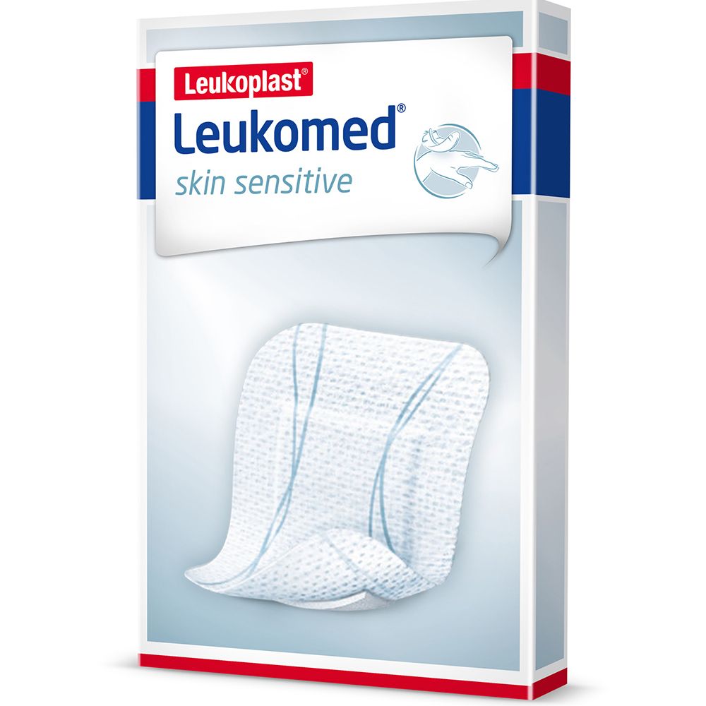 Verpackung von Leukomed skin sensitive. Zeigt ein Pflaster. Marke und Produktbezeichnung deutlich sichtbar.