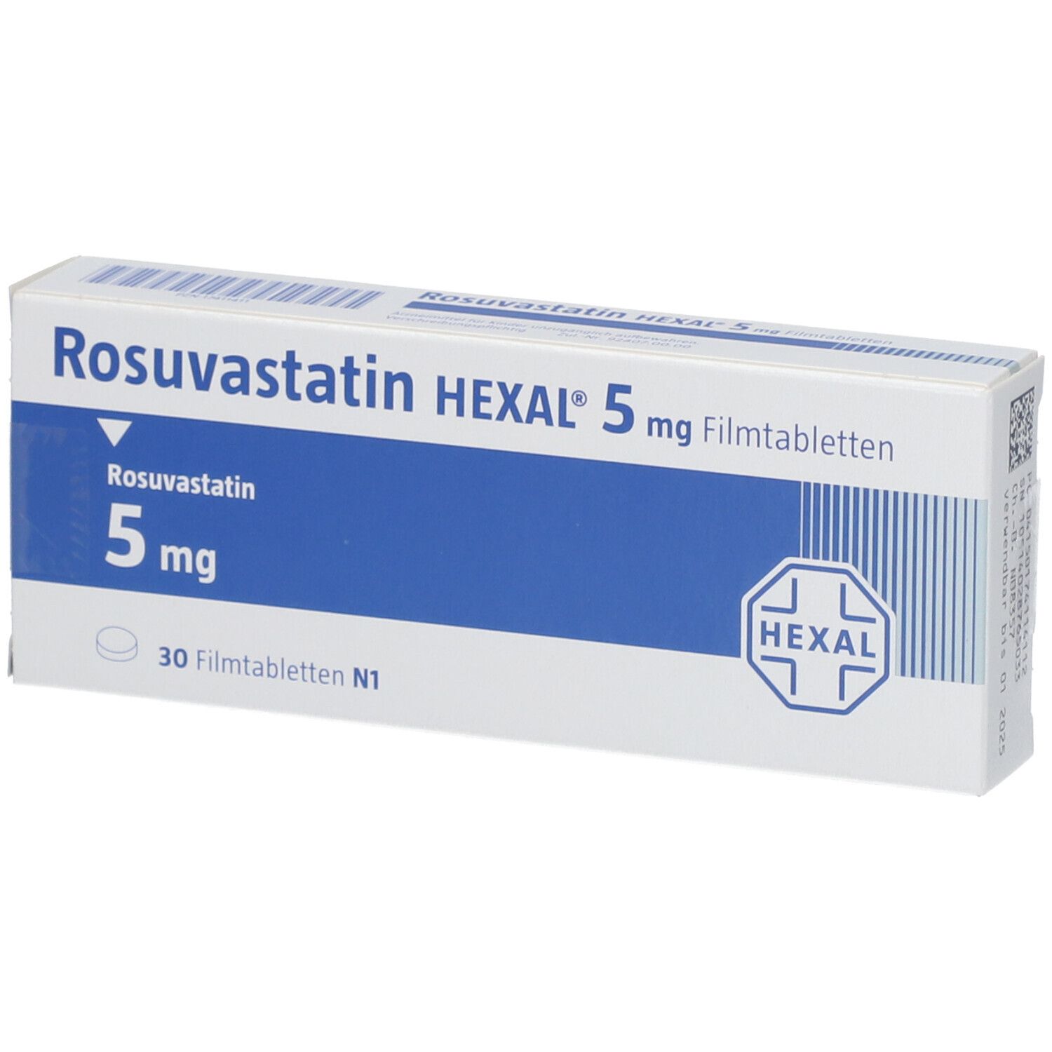 Verpackung von Rosuvastatin HEXAL 5 mg Filmtabletten. Blaue und weiße Schachtel mit Produktnamen und Dosierung.