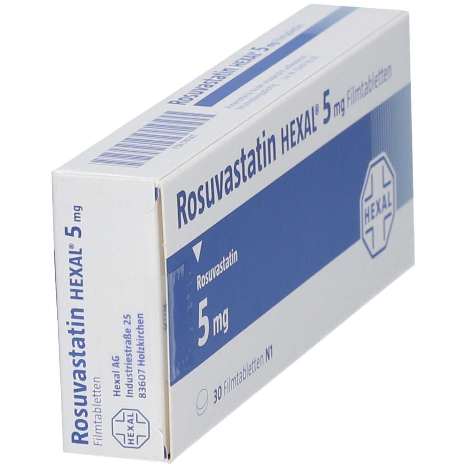 Schrägansicht der Verpackung von Rosuvastatin HEXAL 5 mg Filmtabletten. Blaue und weiße Schachtel mit Produktinformationen.