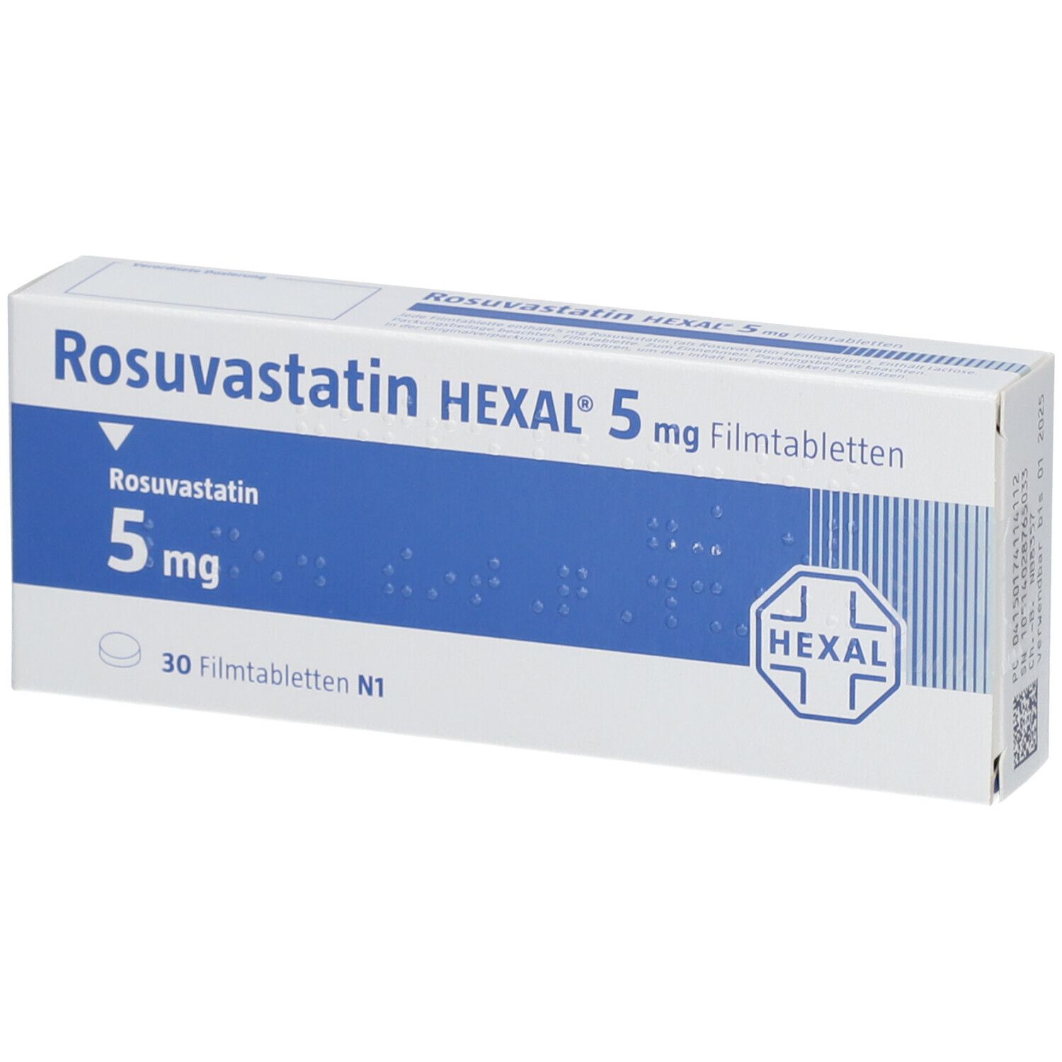 Verpackung von Rosuvastatin HEXAL 5 mg Filmtabletten. Blaue und weiße Schachtel mit Produktnamen und Dosierung.