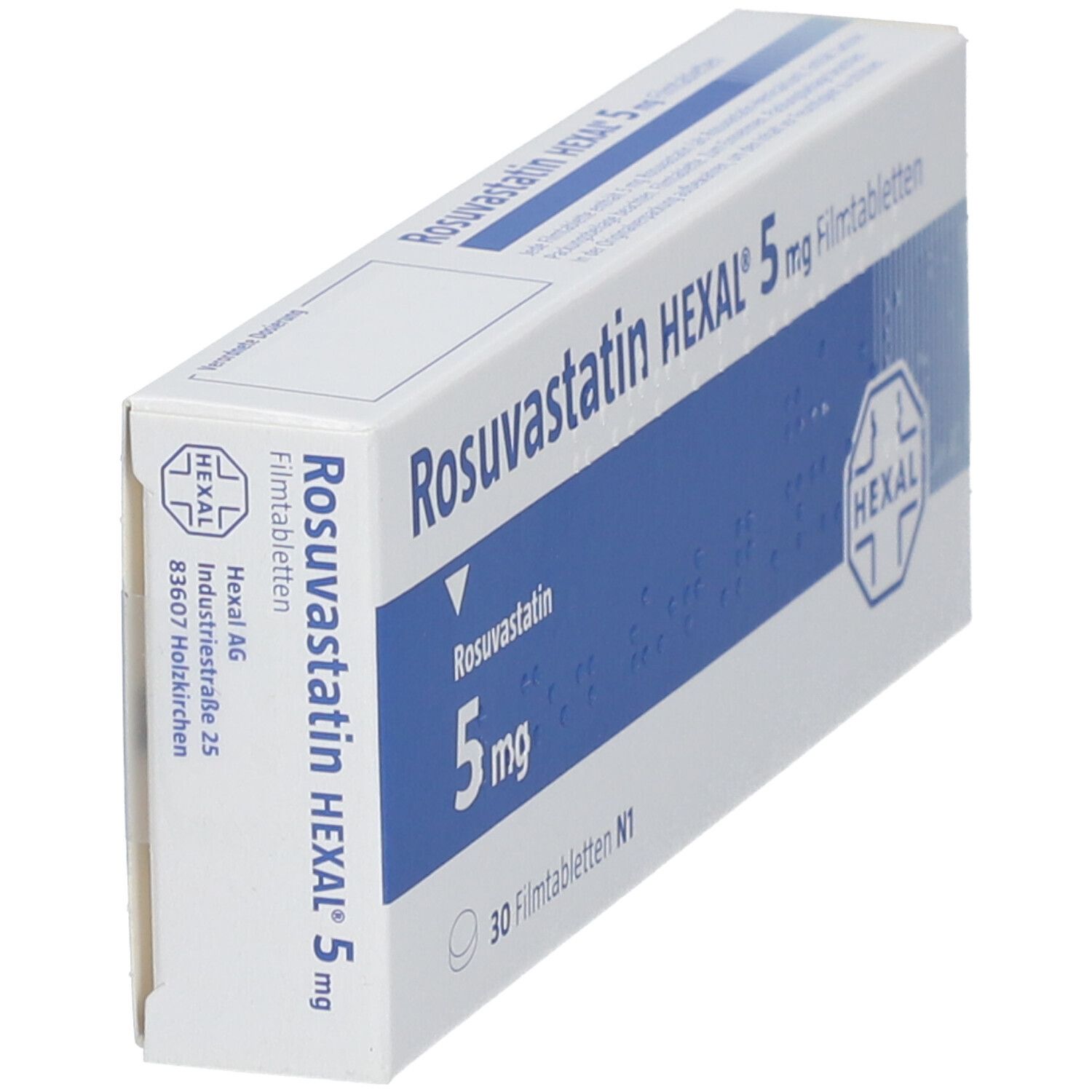 Schrägansicht der Verpackung von Rosuvastatin HEXAL 5 mg Filmtabletten. Blaue und weiße Schachtel mit Produktinformationen.