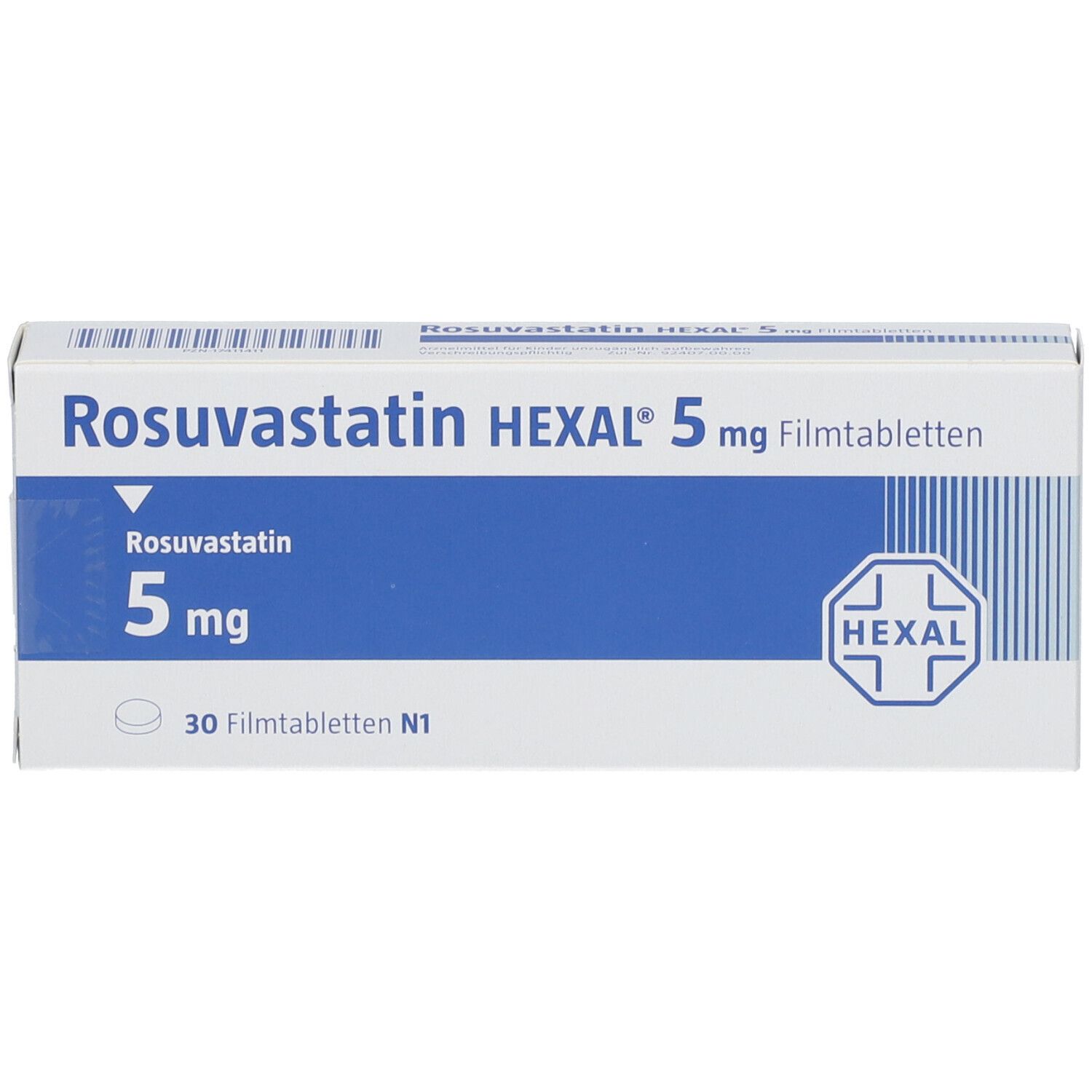 Verpackung von Rosuvastatin HEXAL 5 mg Filmtabletten. Blaue und weiße Schachtel mit Produktnamen und Dosierung.