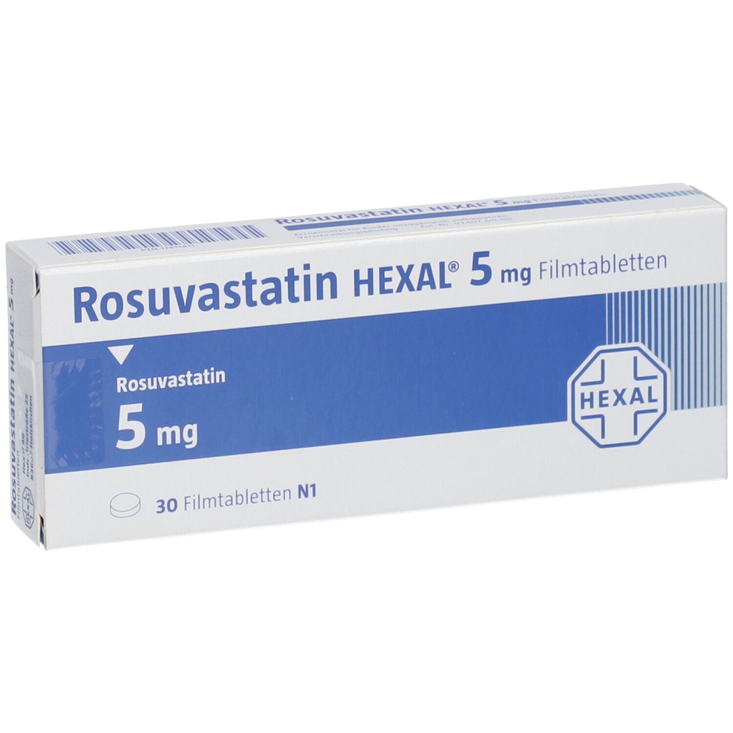 Verpackung von Rosuvastatin HEXAL 5 mg Filmtabletten. Blaue und weiße Schachtel mit Produktnamen und Dosierung.