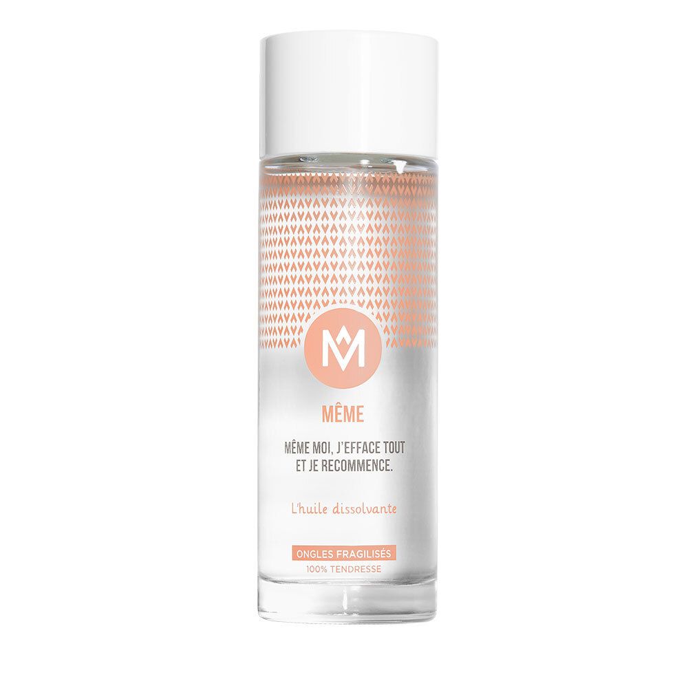Flacon transparent avec bouchon blanc. Inscription MÊME, dissolvant. Pour ongles fragiles.