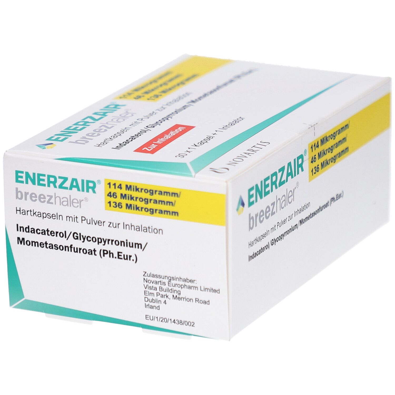 Weiße Schachtel mit gelbem Streifen. Aufschrift: ENERZAIR breezhaler, 114 Mikrogramm/46 Mikrogramm/136 Mikrogramm. Enthält Hartkapseln mit Pulver zur Inhalation.