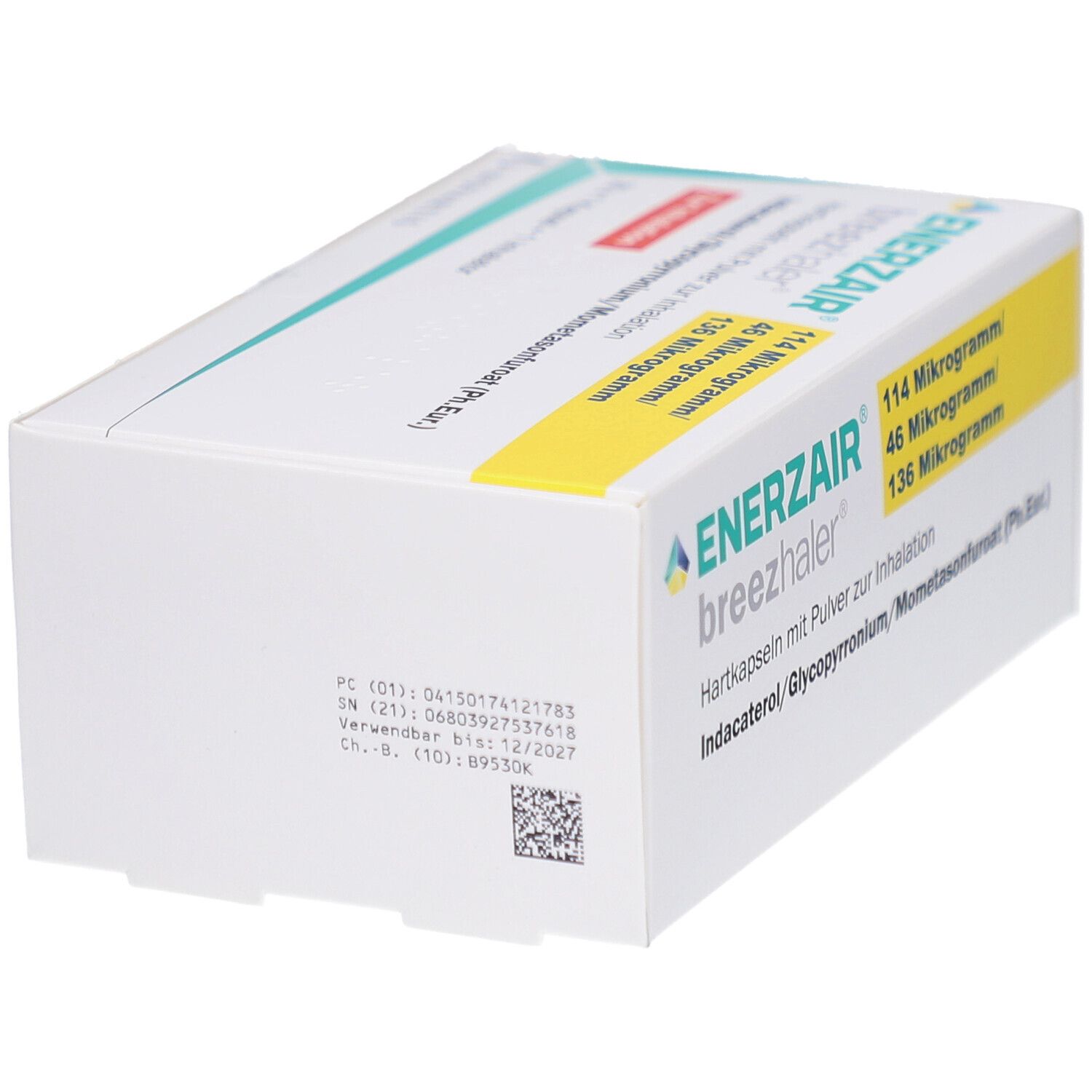 Weiße Schachtel mit gelbem Streifen. Aufschrift: ENERZAIR breezhaler, 114 Mikrogramm/46 Mikrogramm/136 Mikrogramm. Enthält Hartkapseln mit Pulver zur Inhalation.