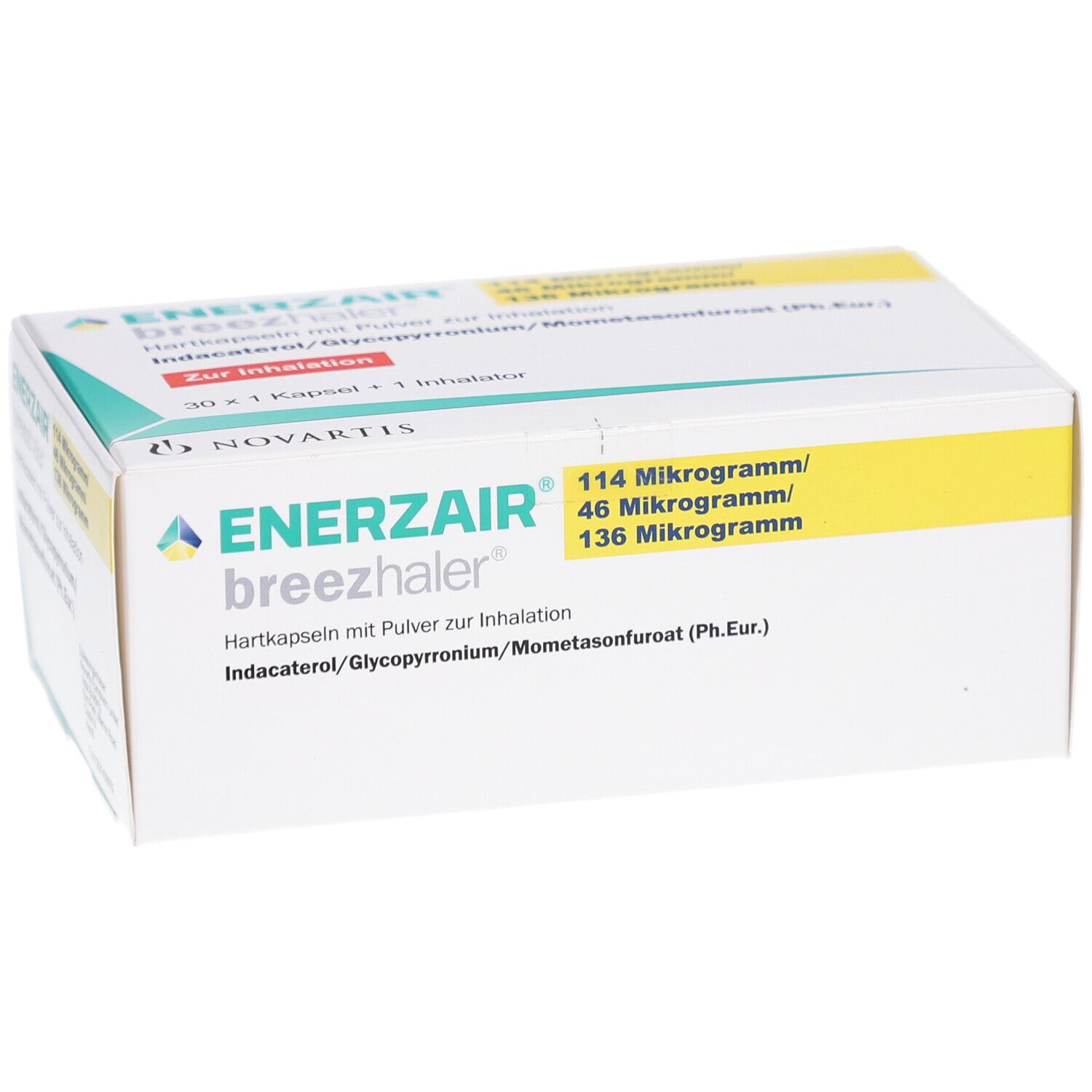 Weiße Schachtel mit gelbem Streifen. Aufschrift: ENERZAIR breezhaler, 114 Mikrogramm/46 Mikrogramm/136 Mikrogramm. Enthält Hartkapseln mit Pulver zur Inhalation.