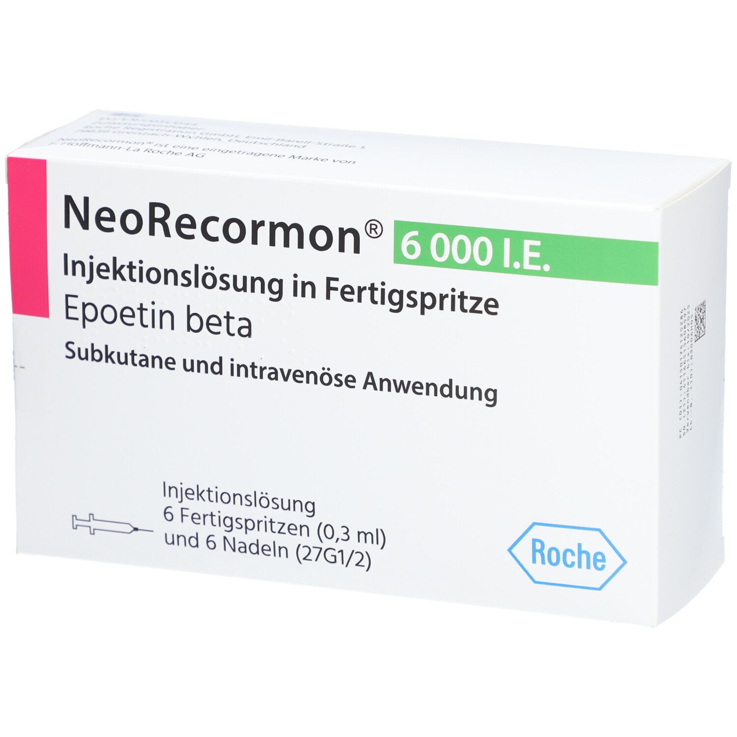 Schachtel mit NEORECORMON 6.000 I.E. Injektionslösung. Enthält 6 Fertigspritzen und 6 Nadeln. Roche-Logo.