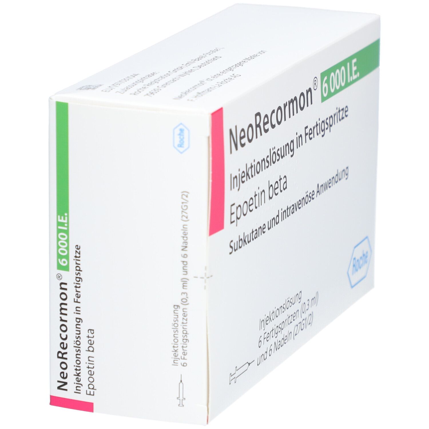 Schachtel NEORECORMON 6.000 I.E. Injektionslösung. Enthält 6 Fertigspritzen und 6 Nadeln. Roche-Logo. Ansicht schräg.