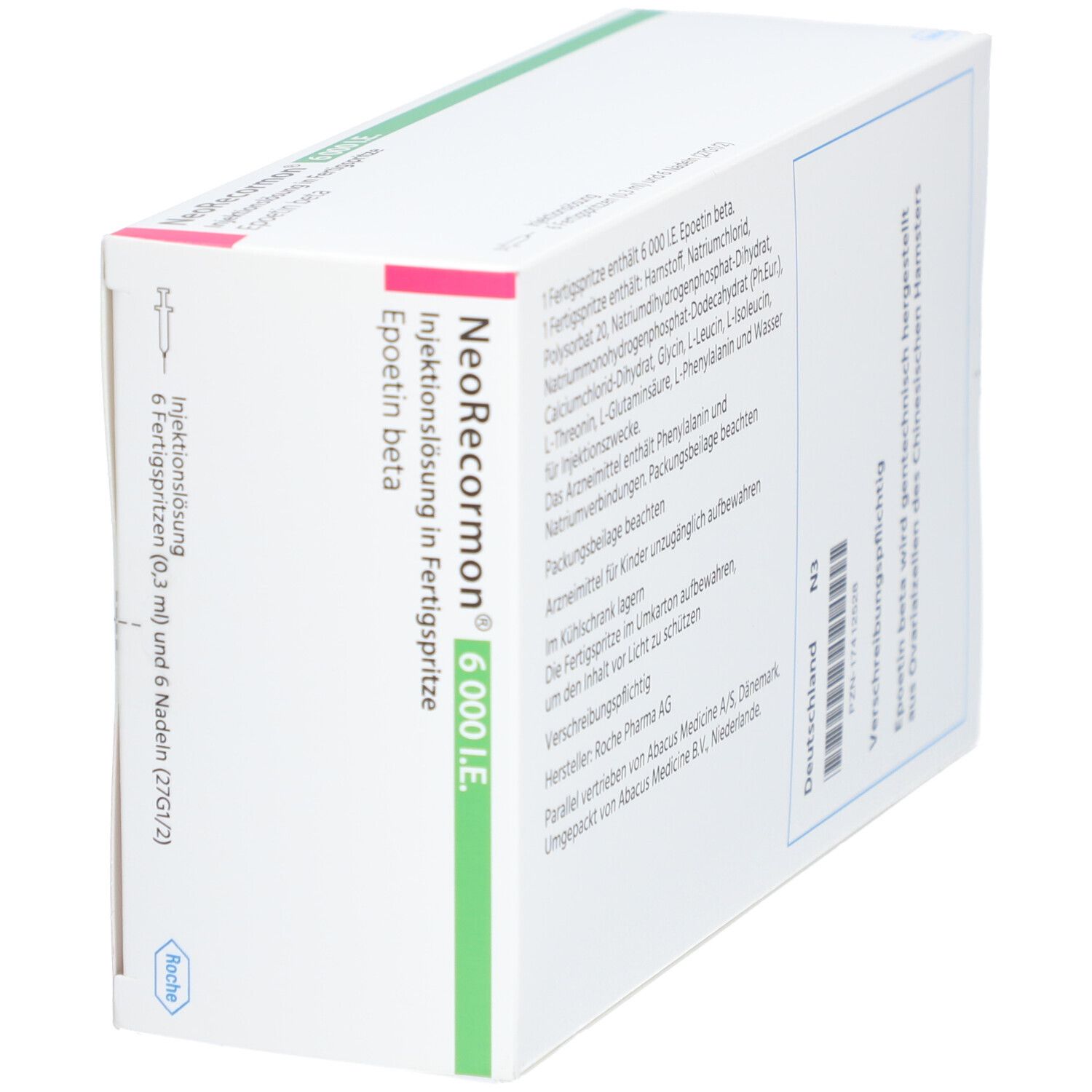 Schachtel NEORECORMON 6.000 I.E. Injektionslösung. Enthält 6 Fertigspritzen und 6 Nadeln. Roche-Logo. Schräge Ansicht.