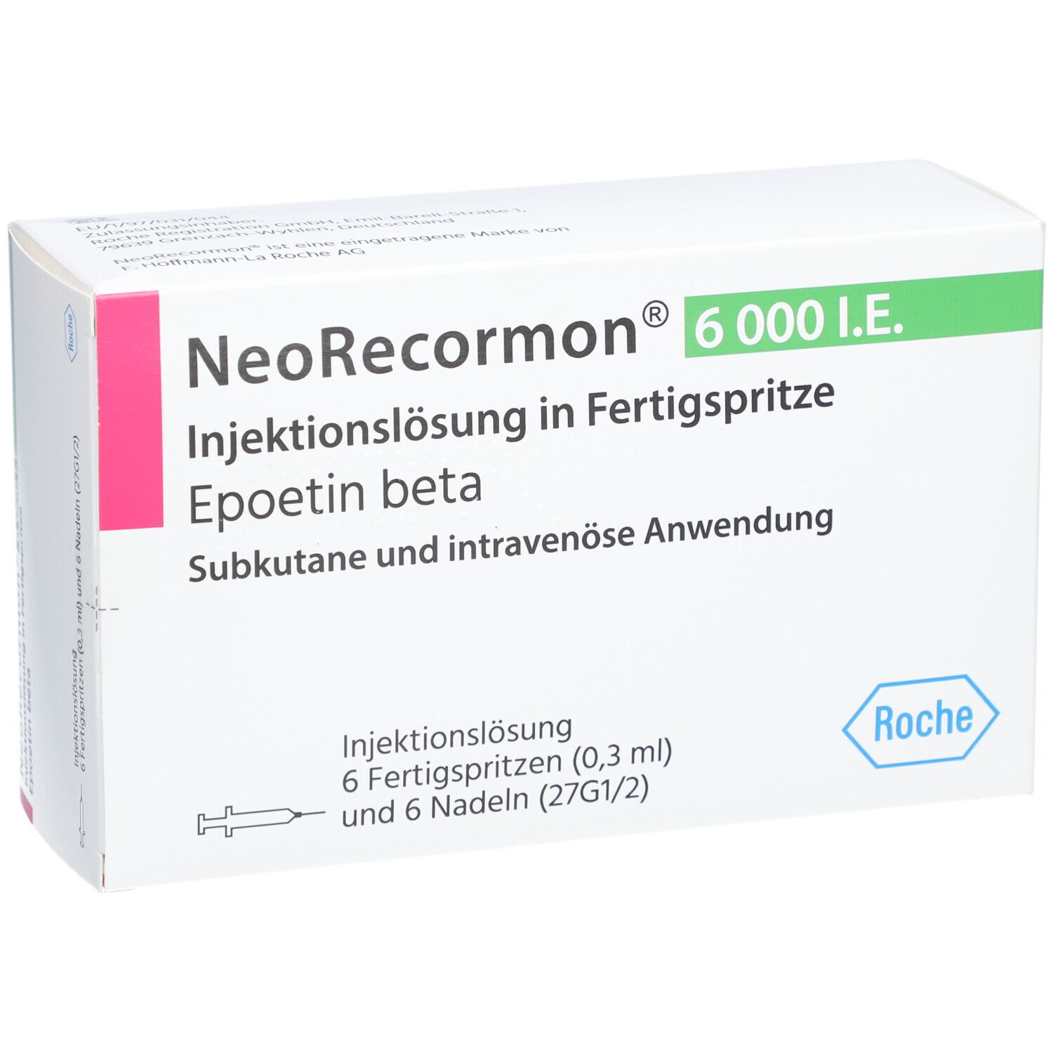 Schachtel mit NEORECORMON 6.000 I.E. Injektionslösung. Enthält 6 Fertigspritzen und 6 Nadeln. Roche-Logo.