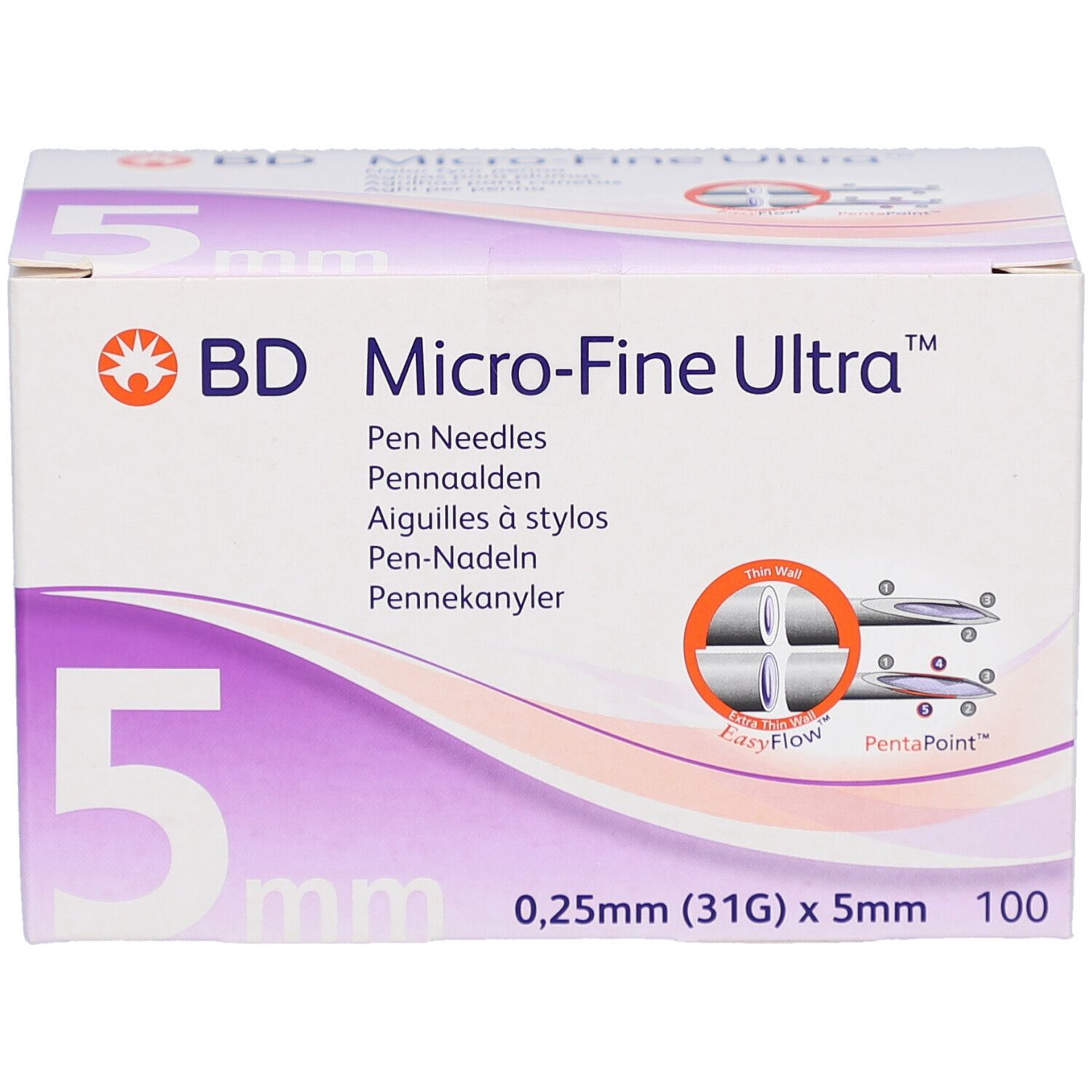 Schachtel mit BD Micro-Fine Ultra Pen-Nadeln. Größe: 5 mm. Aufdruck: 0,25 mm (31G) x 5 mm, 100 Stück.