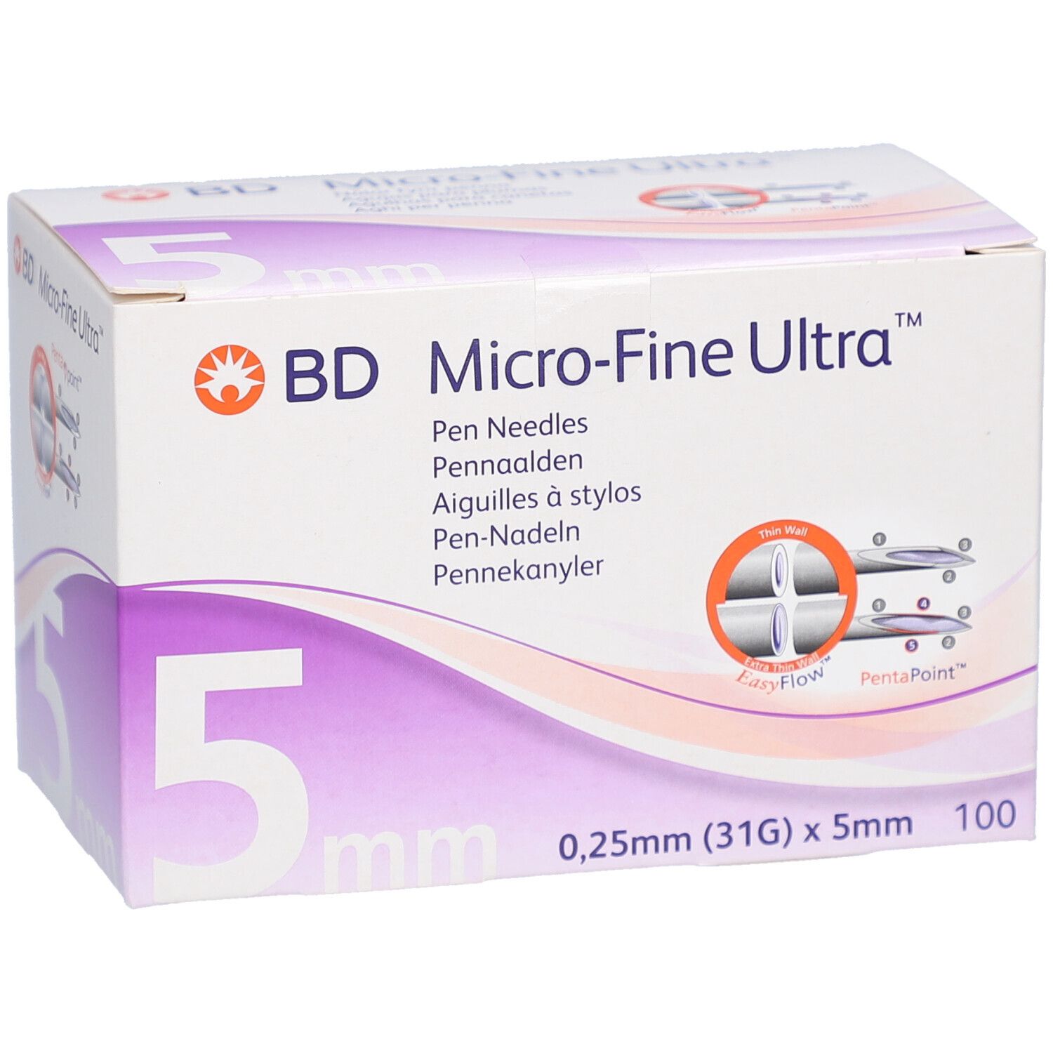 Schachtel mit BD Micro-Fine Ultra Pen-Nadeln. Größe: 5 mm. Aufdruck: 0,25 mm (31G) x 5 mm, 100 Stück.