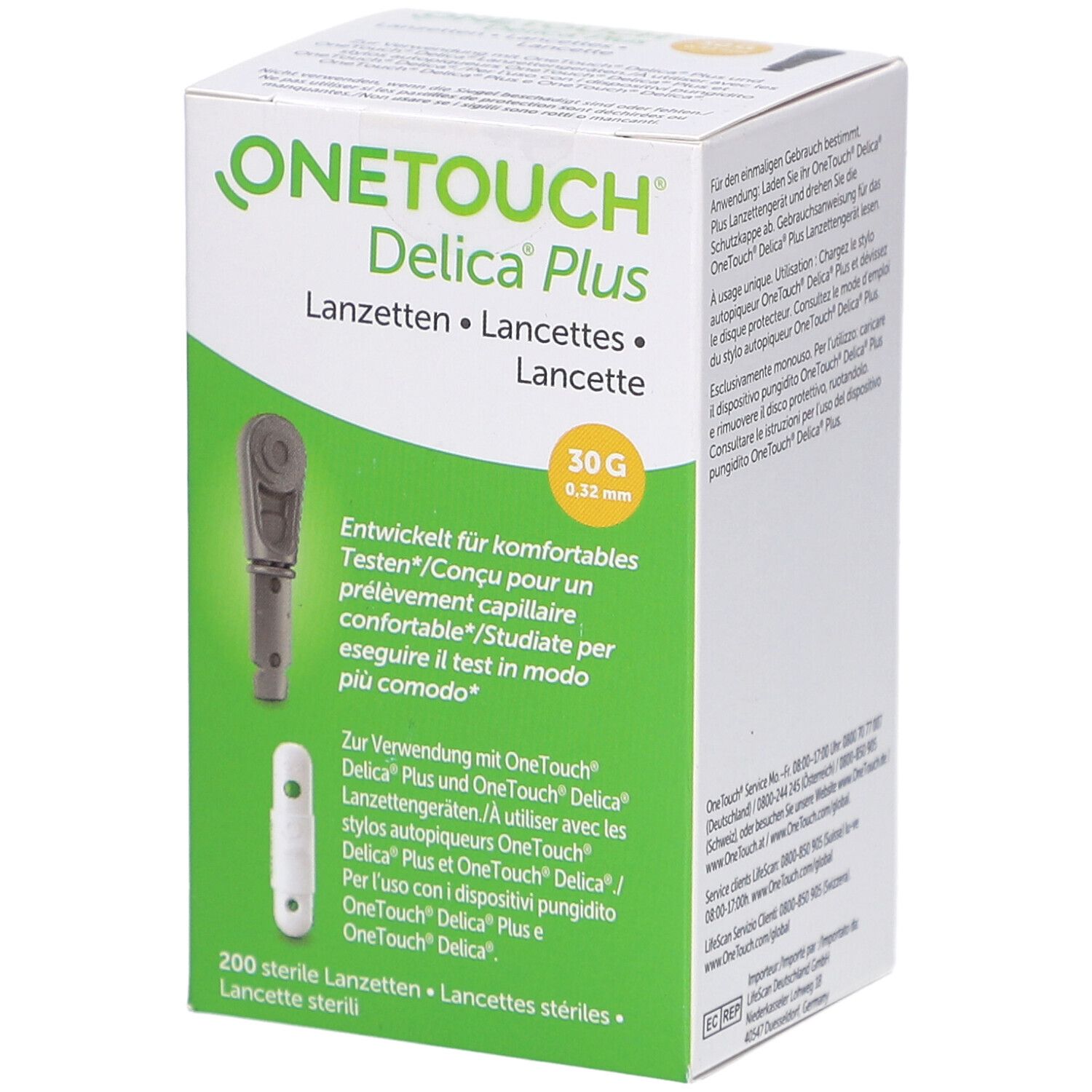 Schachtel mit OneTouch Delica Plus Lanzetten. Aufdrucke: 30G, 0,32 mm, 200 sterile Lanzetten. Abbildungen von Lanzetten.