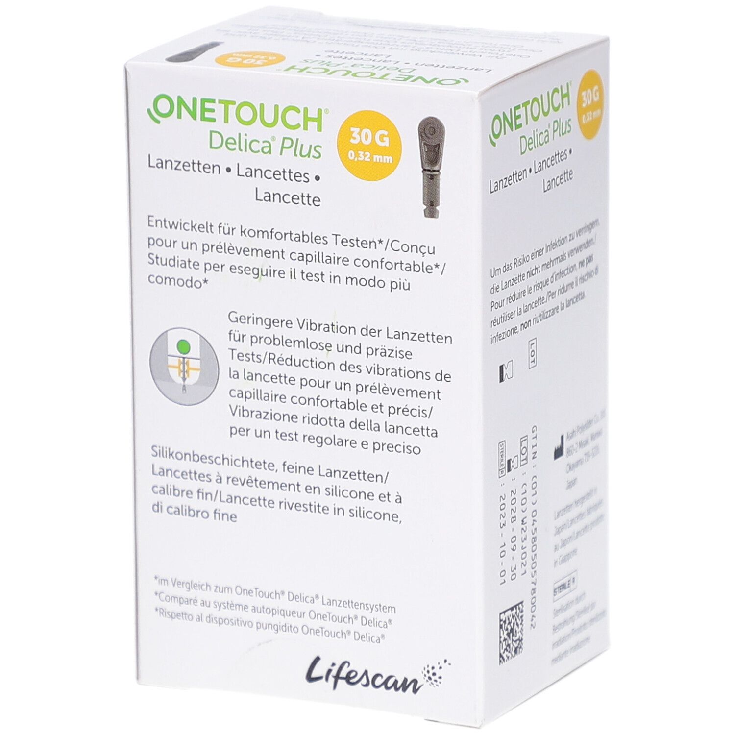 Schachtel mit OneTouch Delica Plus Lanzetten. Text: 30G, 0,32 mm, Lifescan Logo. Abbildungen von Lanzetten. Text über Vibration.