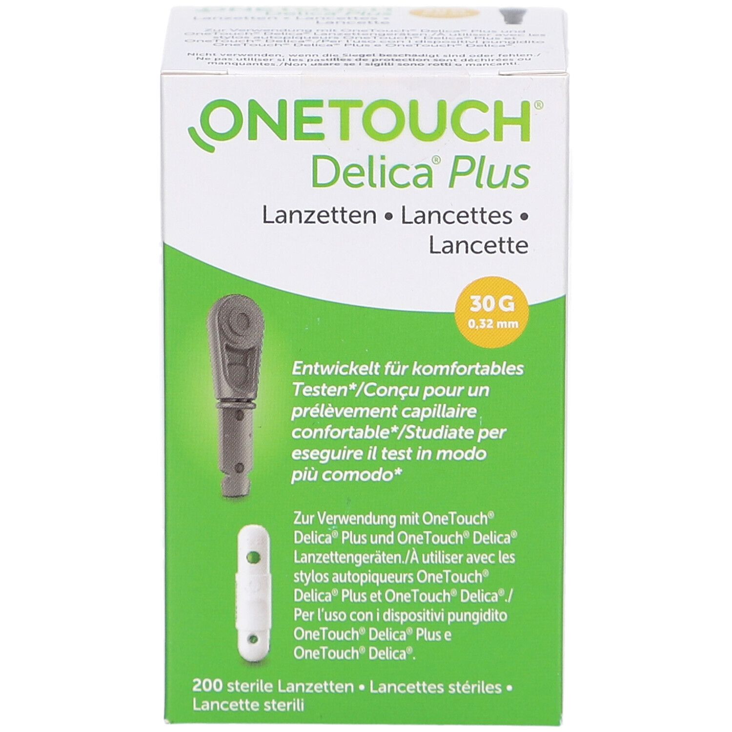 Schachtel mit OneTouch Delica Plus Lanzetten. Text: 30G, 0,32 mm, 200 sterile Lanzetten. Abbildungen von Lanzetten.