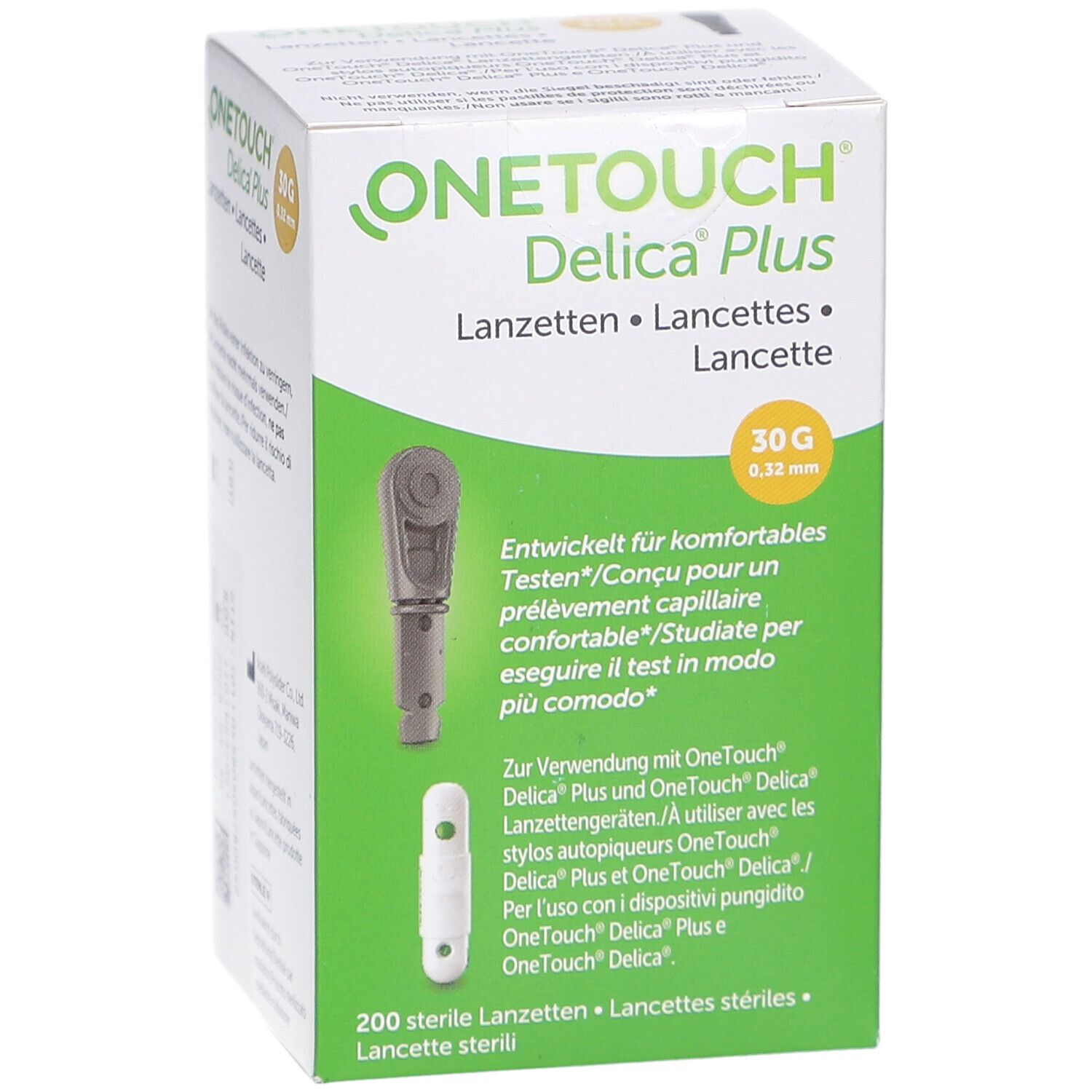 Schachtel mit OneTouch Delica Plus Lanzetten. Text: 30G, 0,32 mm, 200 sterile Lanzetten. Abbildungen von Lanzetten.