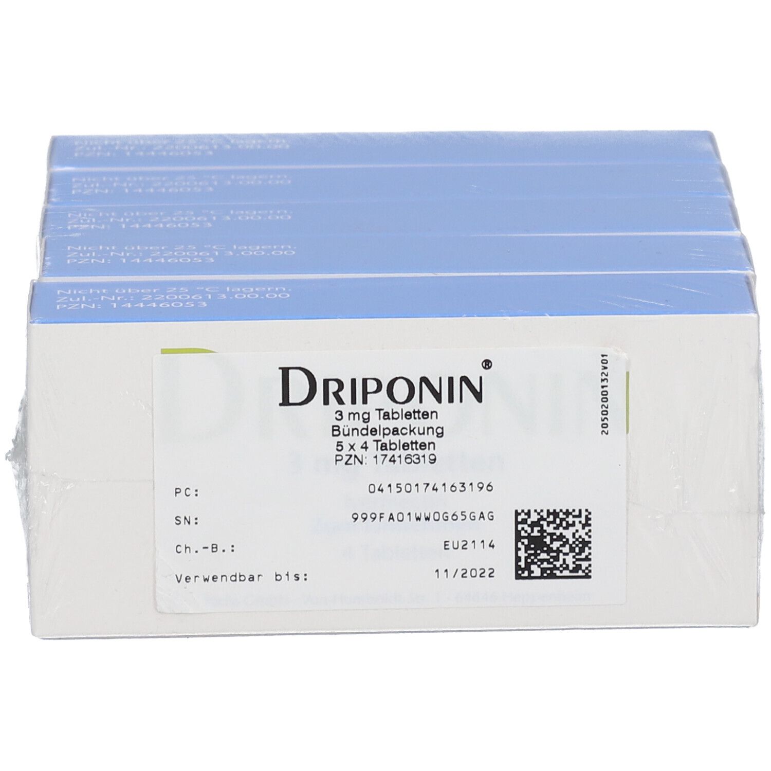 DRIPONIN 3 mg Tabletten, Bündelpackung, 5x4 Tabletten. Weiße Schachtel mit Text und QR-Code, in Folie.