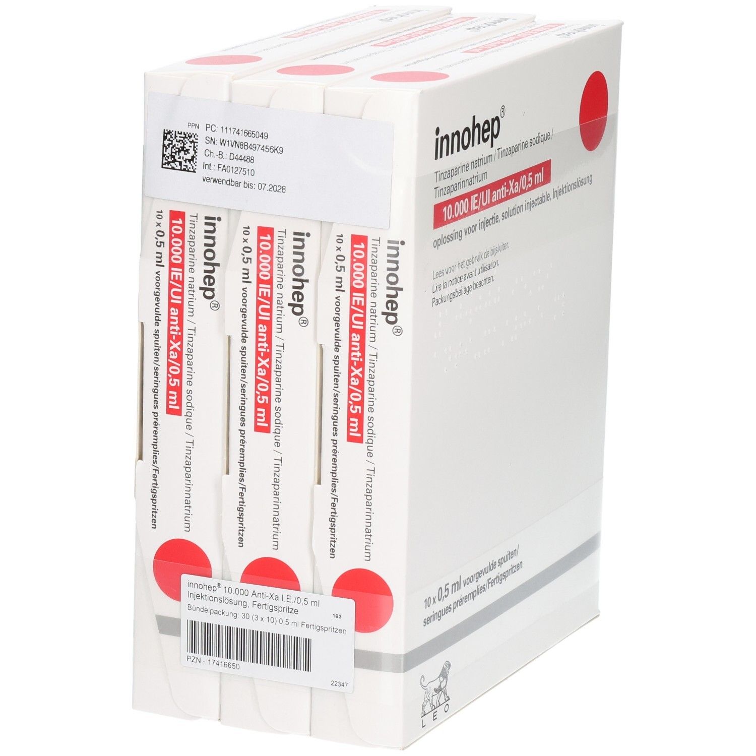 Seitenansicht der Innohep 10.000 Anti-Xa I.E./0,5 ml Spritzenpackung.