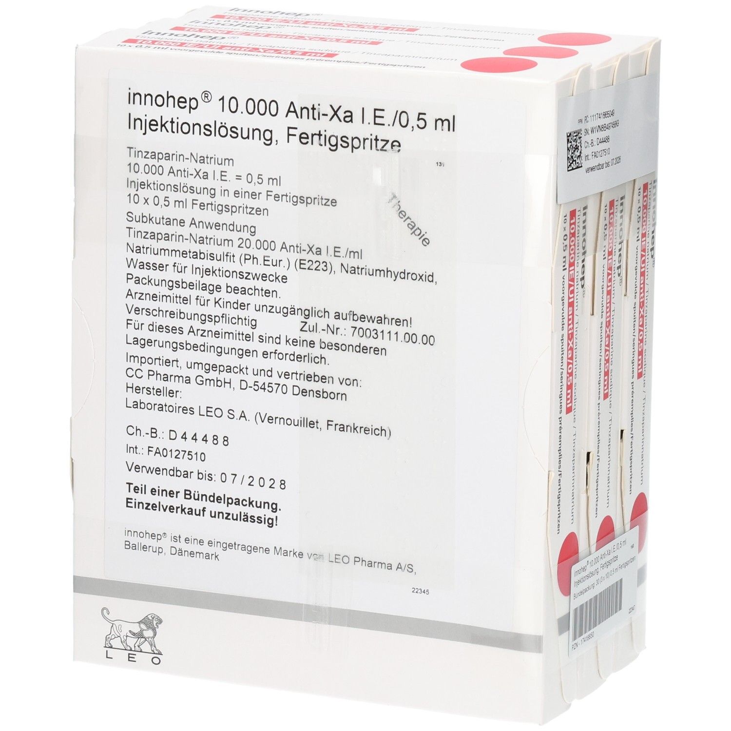 Rückseite der Innohep 10.000 Anti-Xa I.E./0,5 ml Spritzenpackung mit Details.
