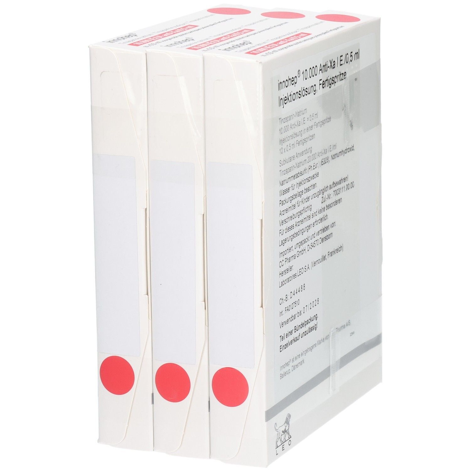 Schrägansicht der Innohep 10.000 Anti-Xa I.E./0,5 ml Spritzenpackung.