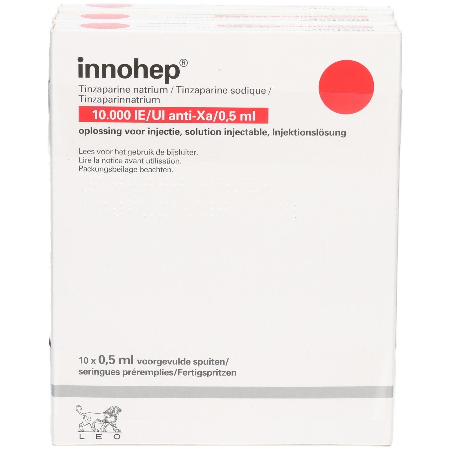 Vorderseite der Innohep 10.000 Anti-Xa I.E./0,5 ml Spritzenpackung.