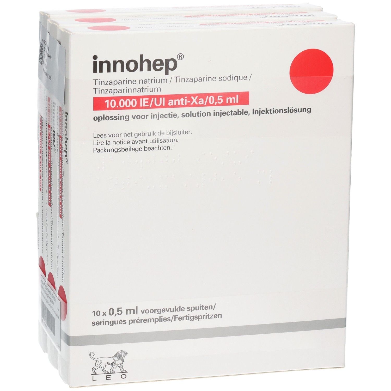Verpackungseinheit von Innohep 10.000 Anti-Xa I.E./0,5 ml Spritzen.