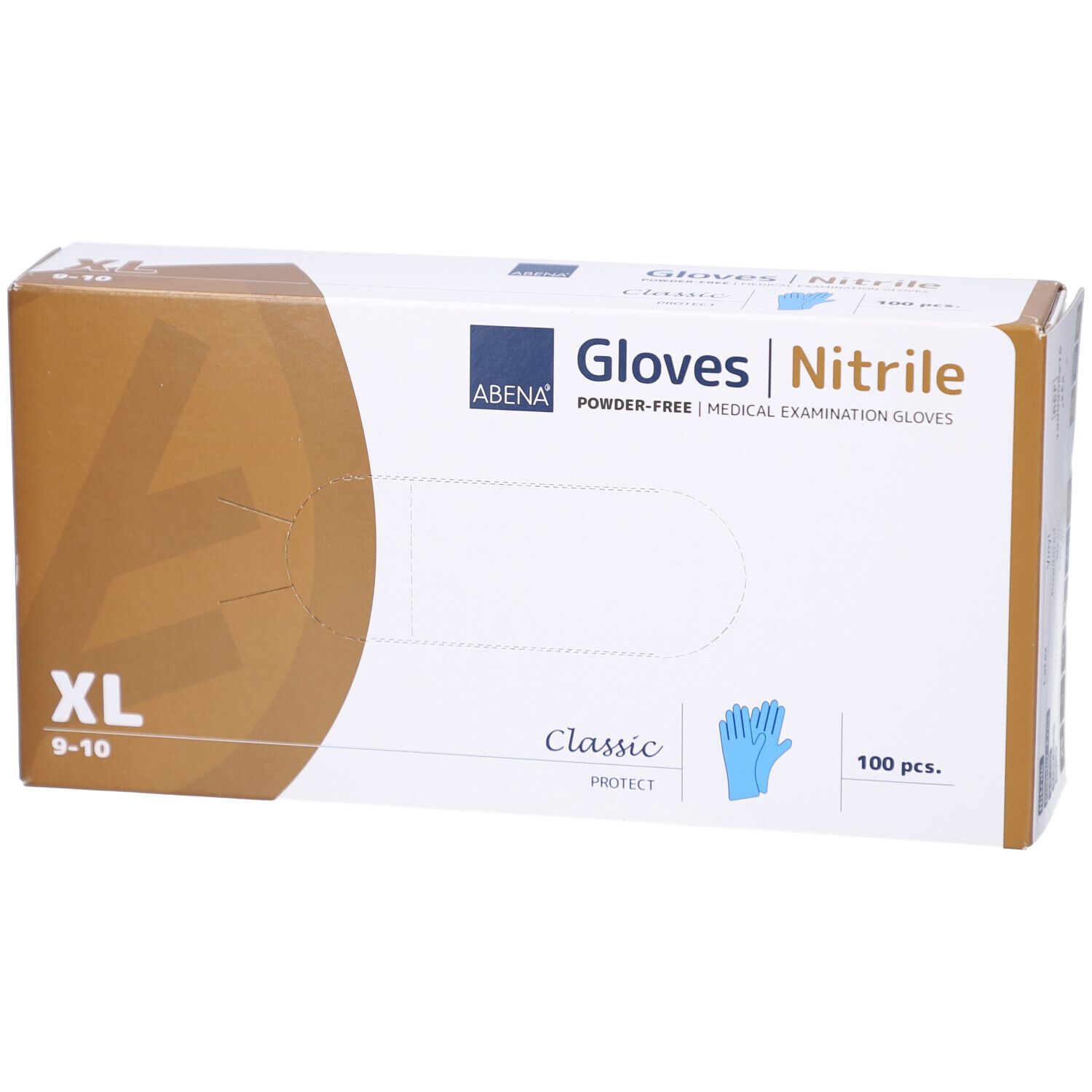 Karton mit Abena Nitril-Handschuhen, Größe XL, 100 Stück. Aufdruck: Gloves, Powder-Free, Medical Examination Gloves.