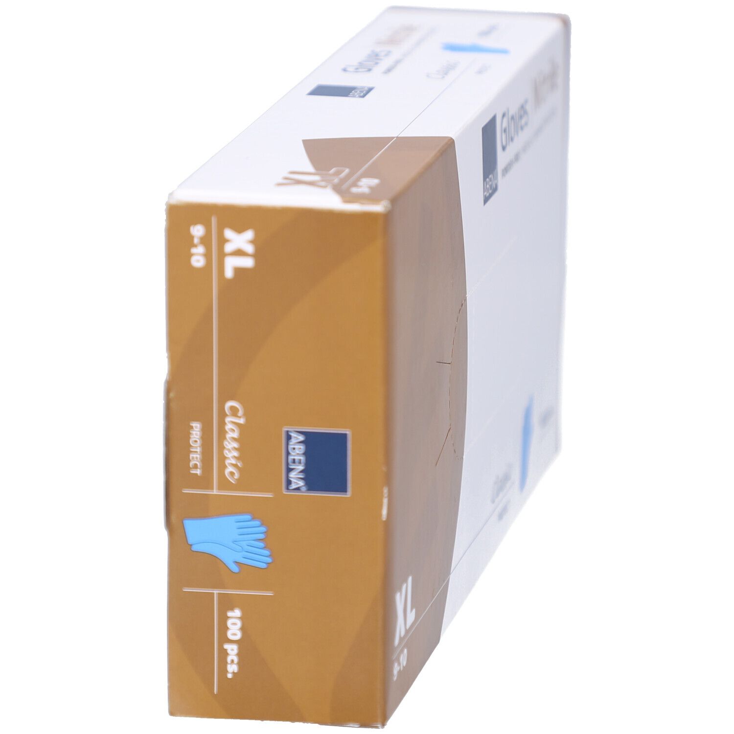 Karton mit Abena Nitril-Handschuhen, Größe XL. Aufdruck: Gloves, Powder-Free, Medical Examination Gloves, 100 Stück.