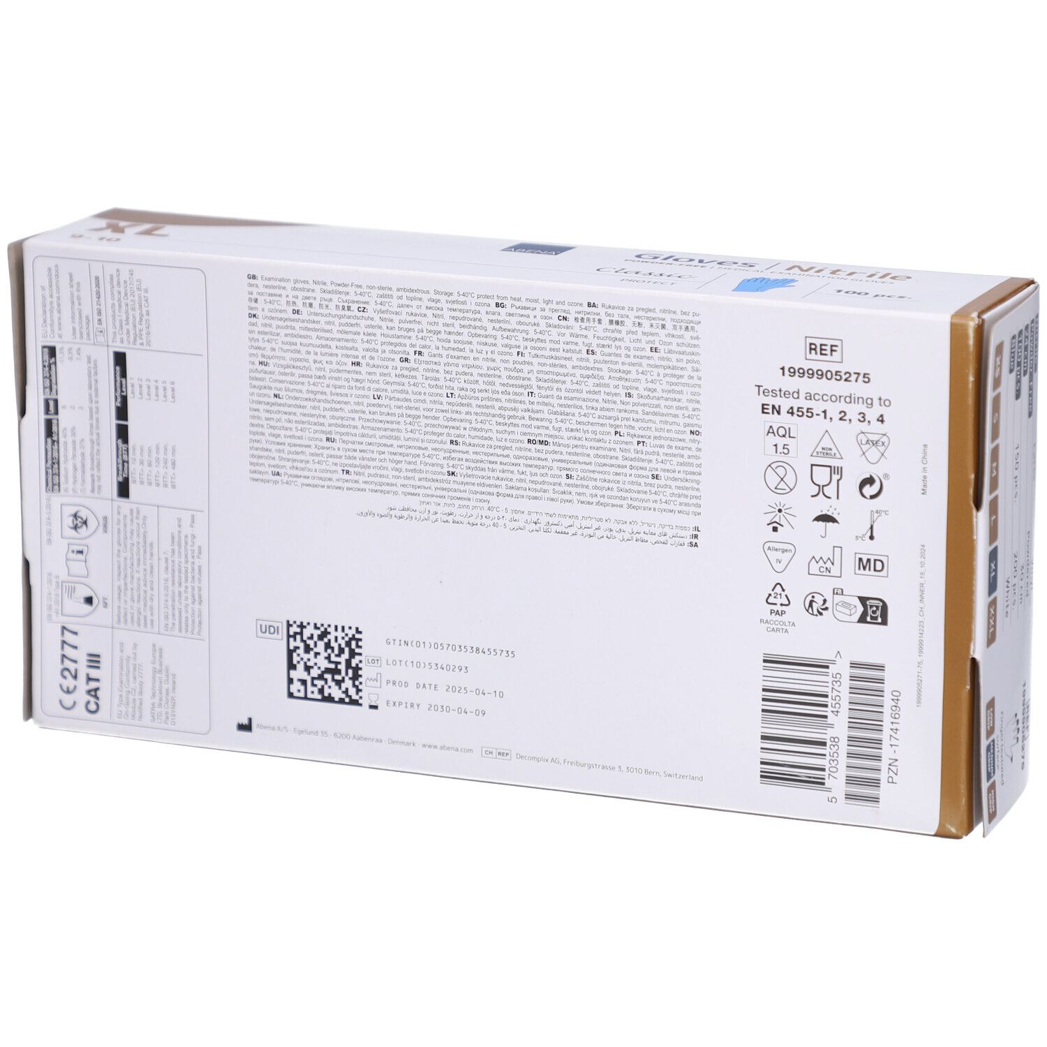 Rückseite einer Kartonverpackung mit Abena Nitril-Handschuhen. Text und Symbole, darunter CE-Kennzeichnung und MD-Symbol.