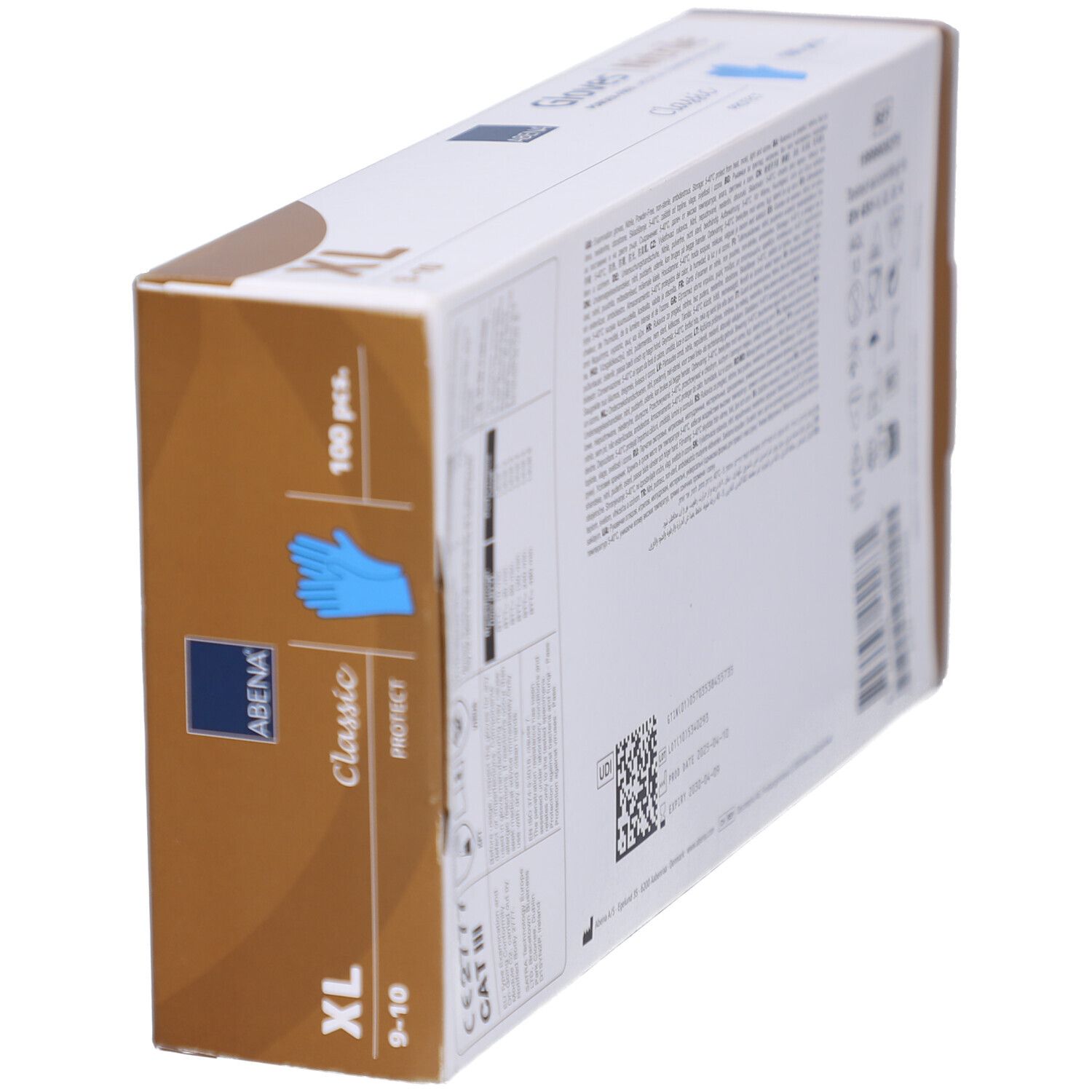 Karton mit Abena Nitril-Handschuhen, Größe XL. Aufdruck: Gloves, Classic, 100 pcs. Mit CE-Kennzeichnung.