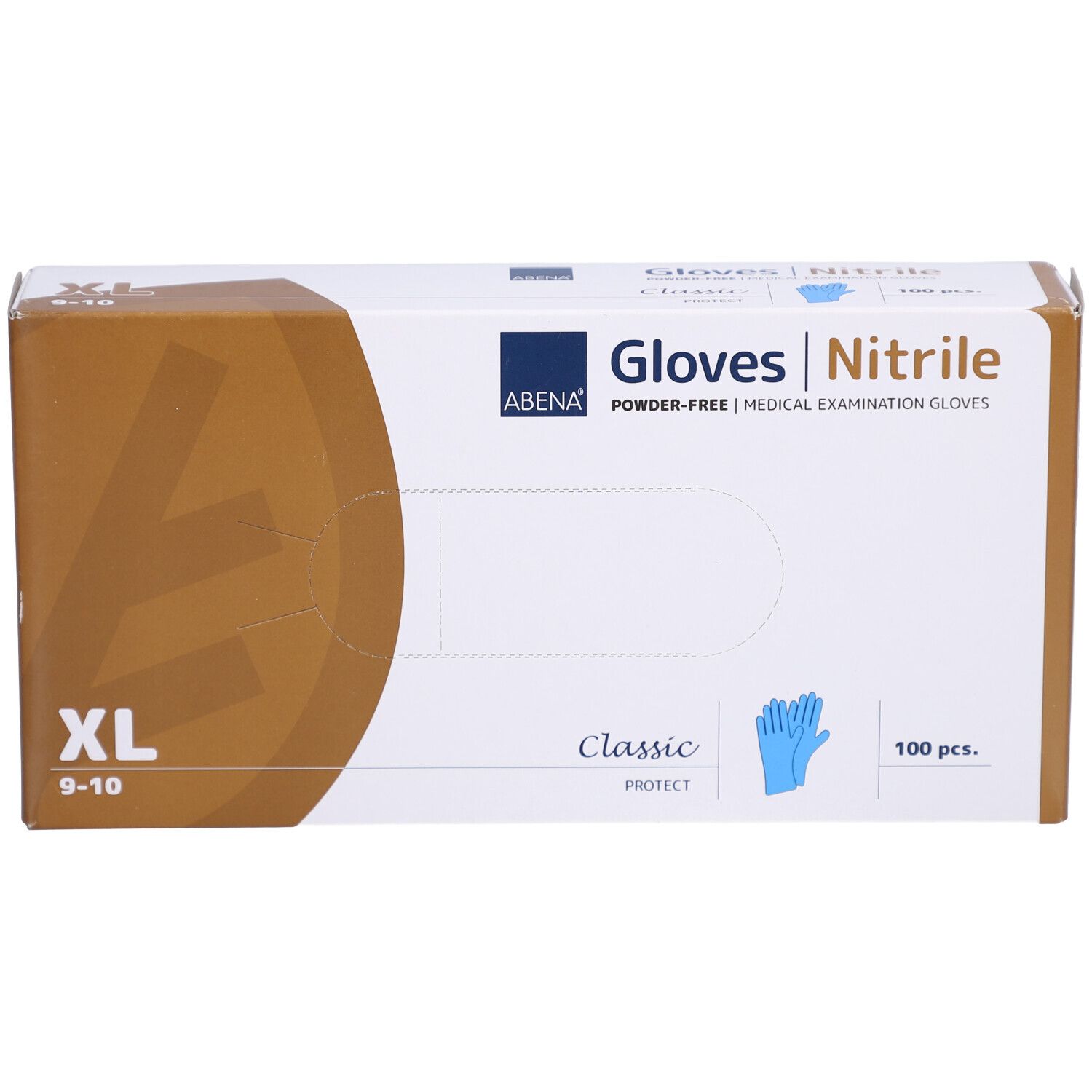 Karton mit Abena Nitril-Handschuhen, Größe XL, 100 Stück. Aufdruck: Gloves, Powder-Free, Medical Examination Gloves.