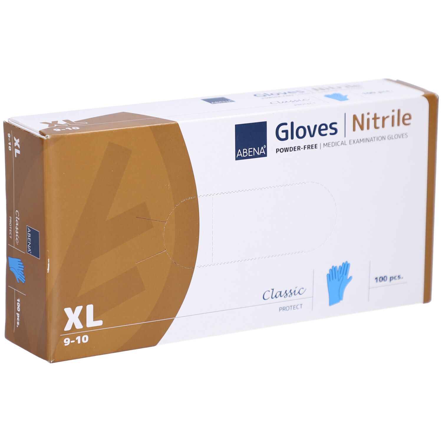 Karton mit Abena Nitril-Handschuhen, Größe XL, 100 Stück. Aufdruck: Gloves, Powder-Free, Medical Examination Gloves.