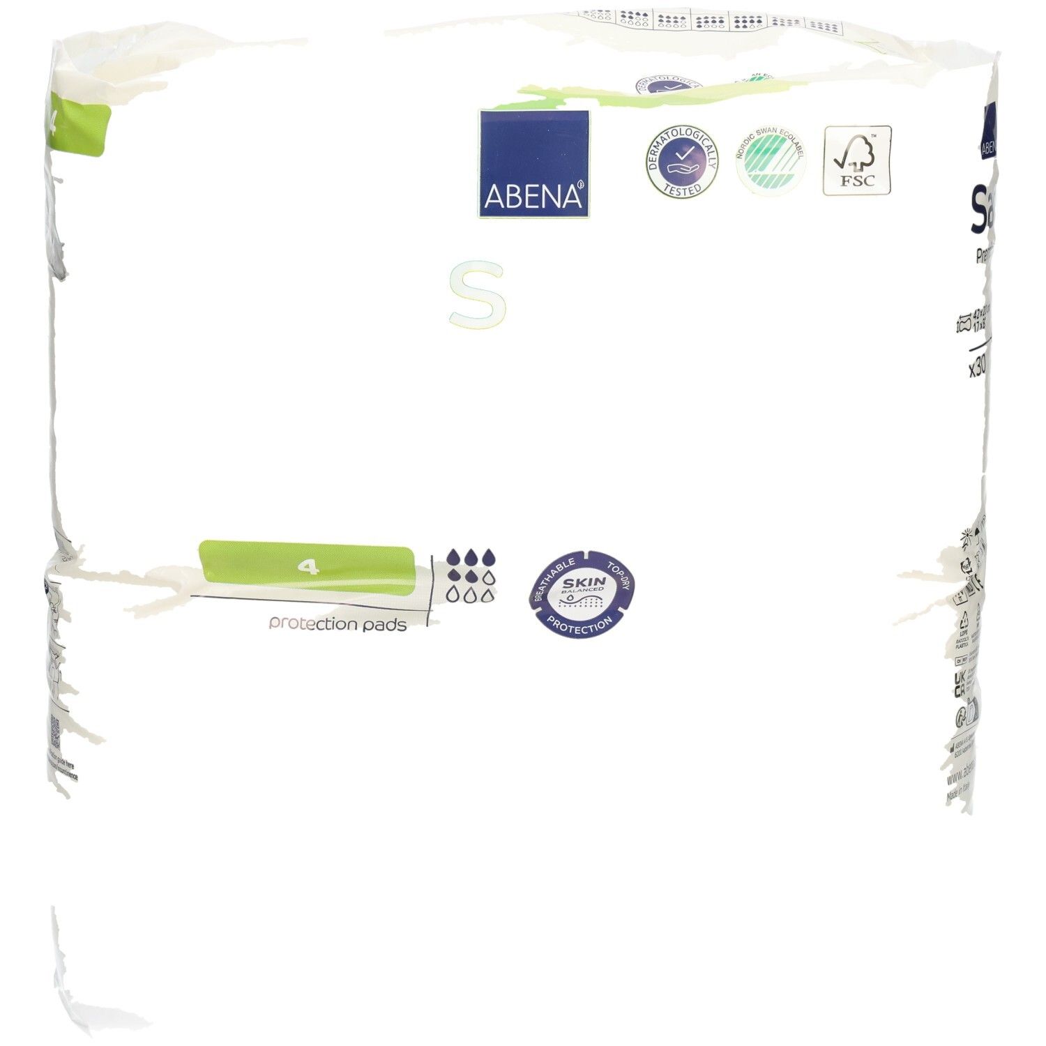 Abena San Premium Einlagen, Größe 4, 30 Stück. Vorderseite der Verpackung mit Fokus auf Saugfähigkeit und Hautschutz.
