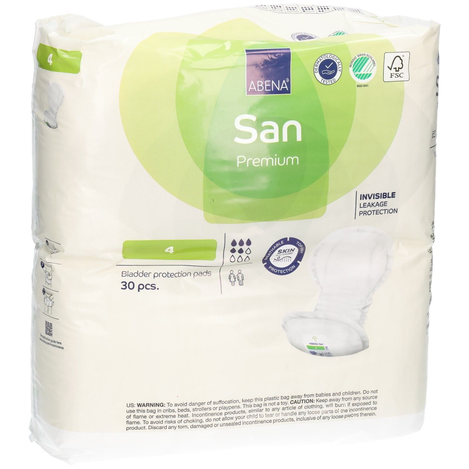 Abena San Premium Einlagen, Größe 4, 30 Stück. Verpackung mit Logo, Saugfähigkeitsskala und Hautschutzsiegel.