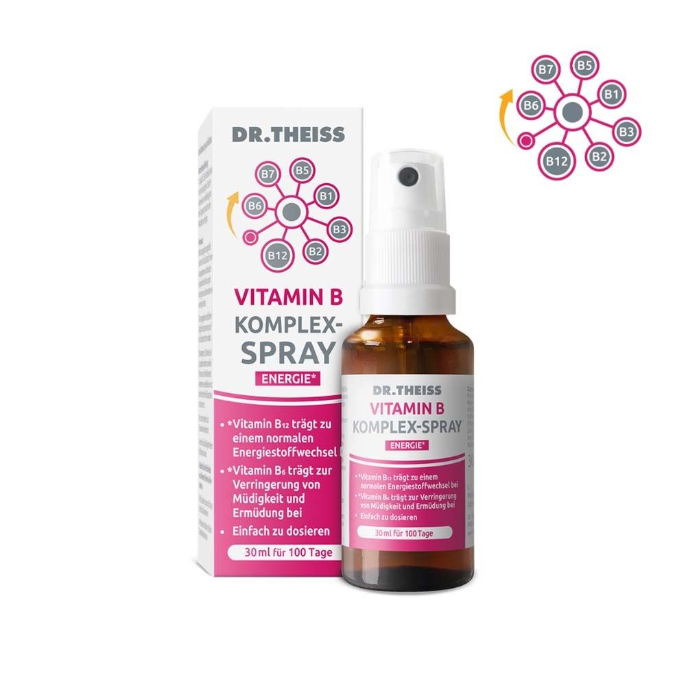 DR. THEISS Vitamin B Komplex-Spray. Braune Flasche mit Sprühkopf und Verpackung. Enthält Vitamin B.