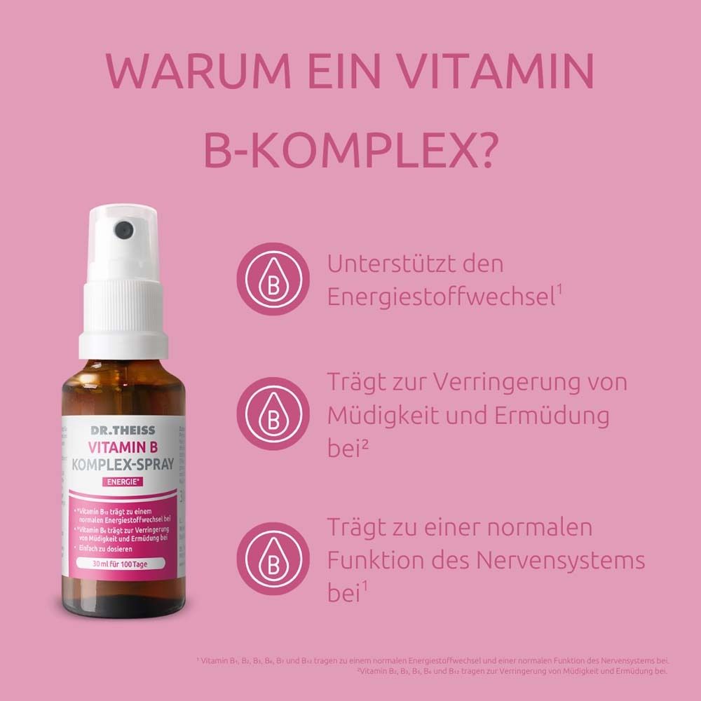 Braune Sprühflasche mit weißem Sprühkopf. Aufschrift: DR. THEISS Vitamin B Komplex-Spray. Rosa Hintergrund mit Text über Vorteile.