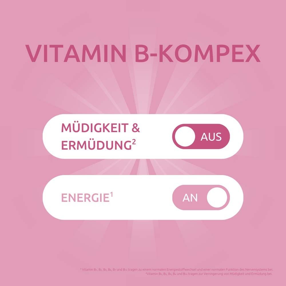 DR. THEISS Vitamin B Komplex-Spray. Text: Müdigkeit & Ermüdung AUS, Energie AN. Pinker Hintergrund.