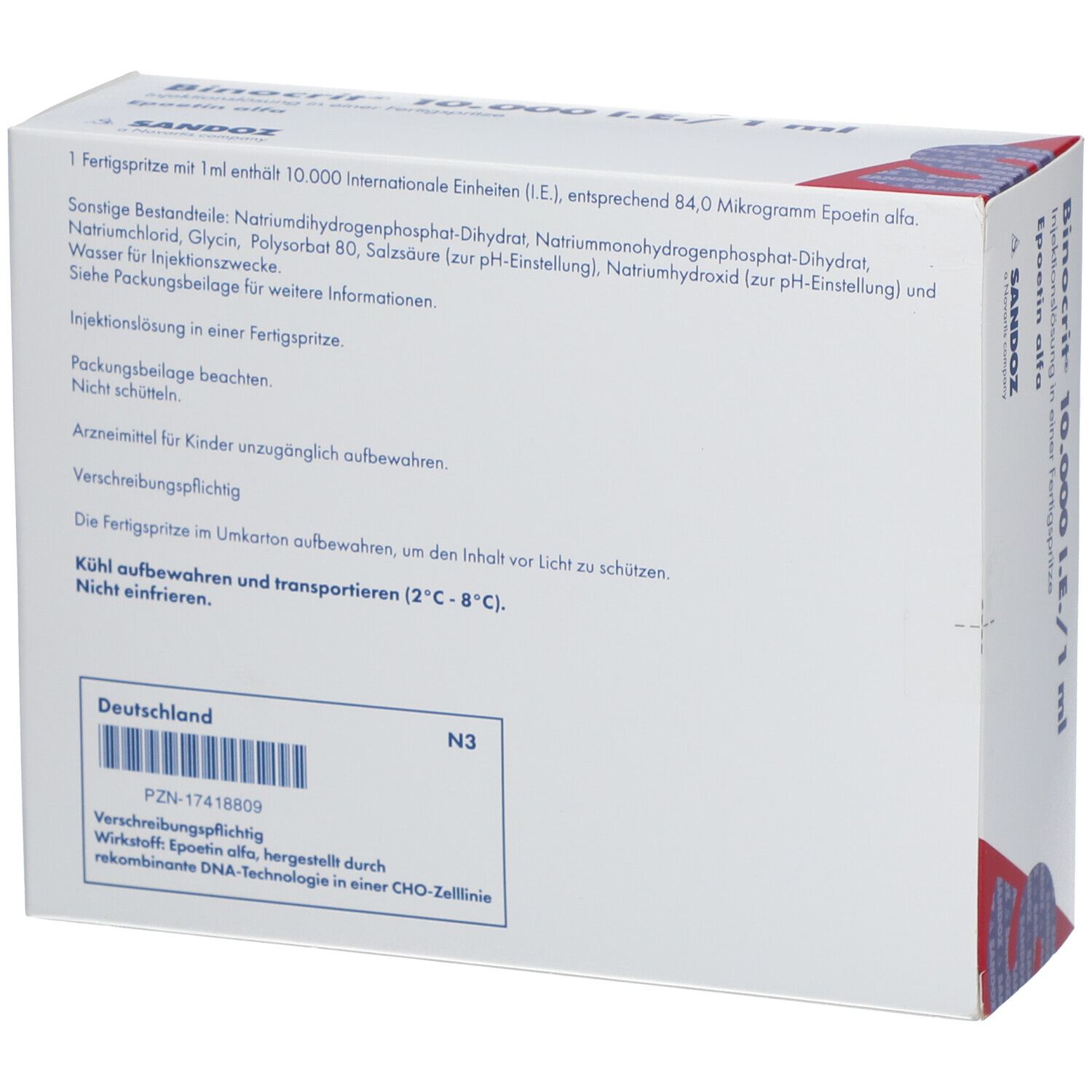 Rückseite der BINOCRIT-Verpackung. Text: Zusammensetzung, Anwendung, Lagerung. PZN-Nummer. Hergestellt in Deutschland.