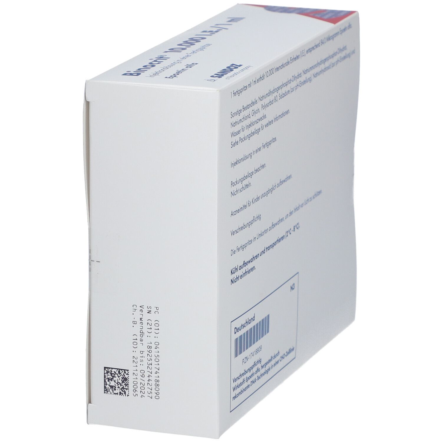 Seitenansicht der BINOCRIT-Verpackung. Text: BINOCRIT 10.000 I.E./1 ml. Barcode und weitere Informationen.