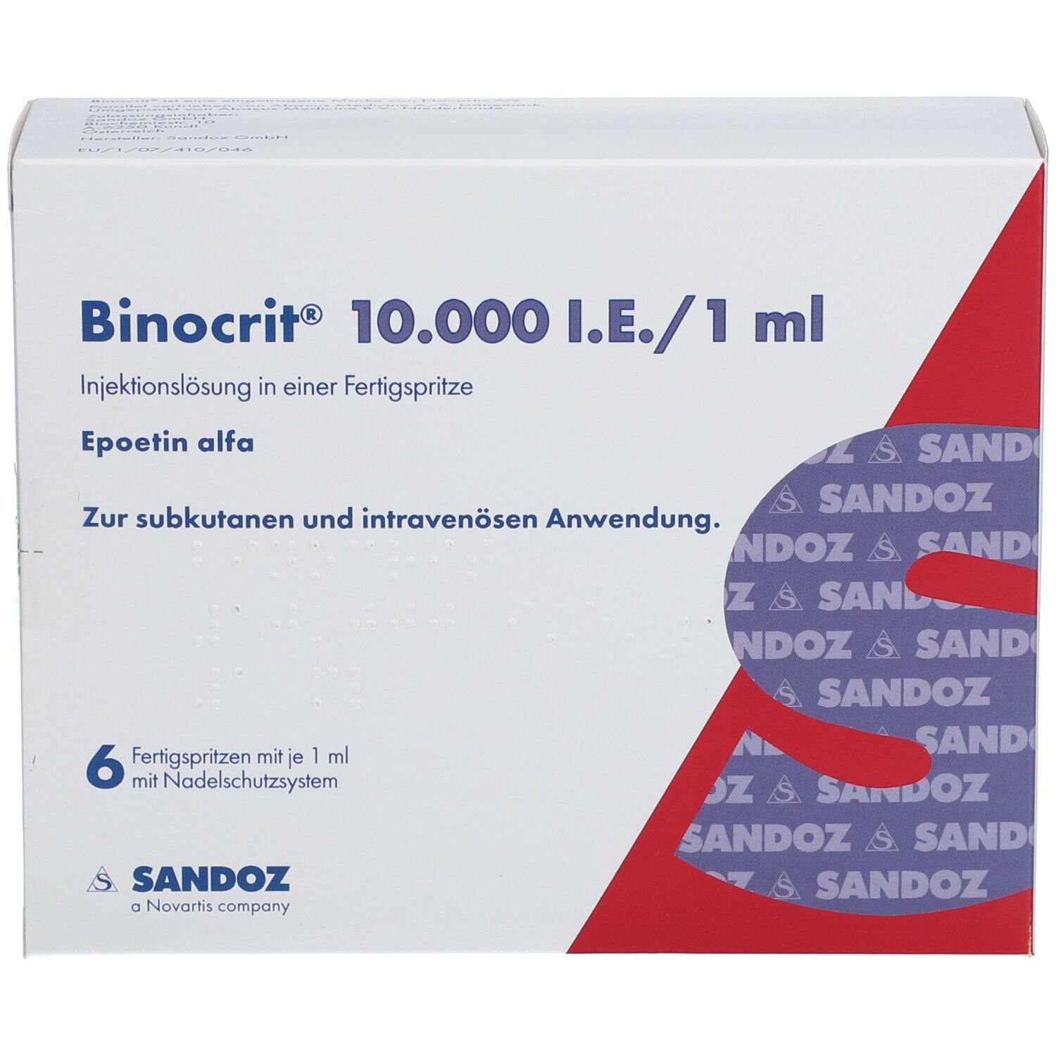 Weißer Karton mit BINOCRIT 10.000 I.E./1 ml. 6 Fertigspritzen. Sandoz Logo. Roter Akzent.