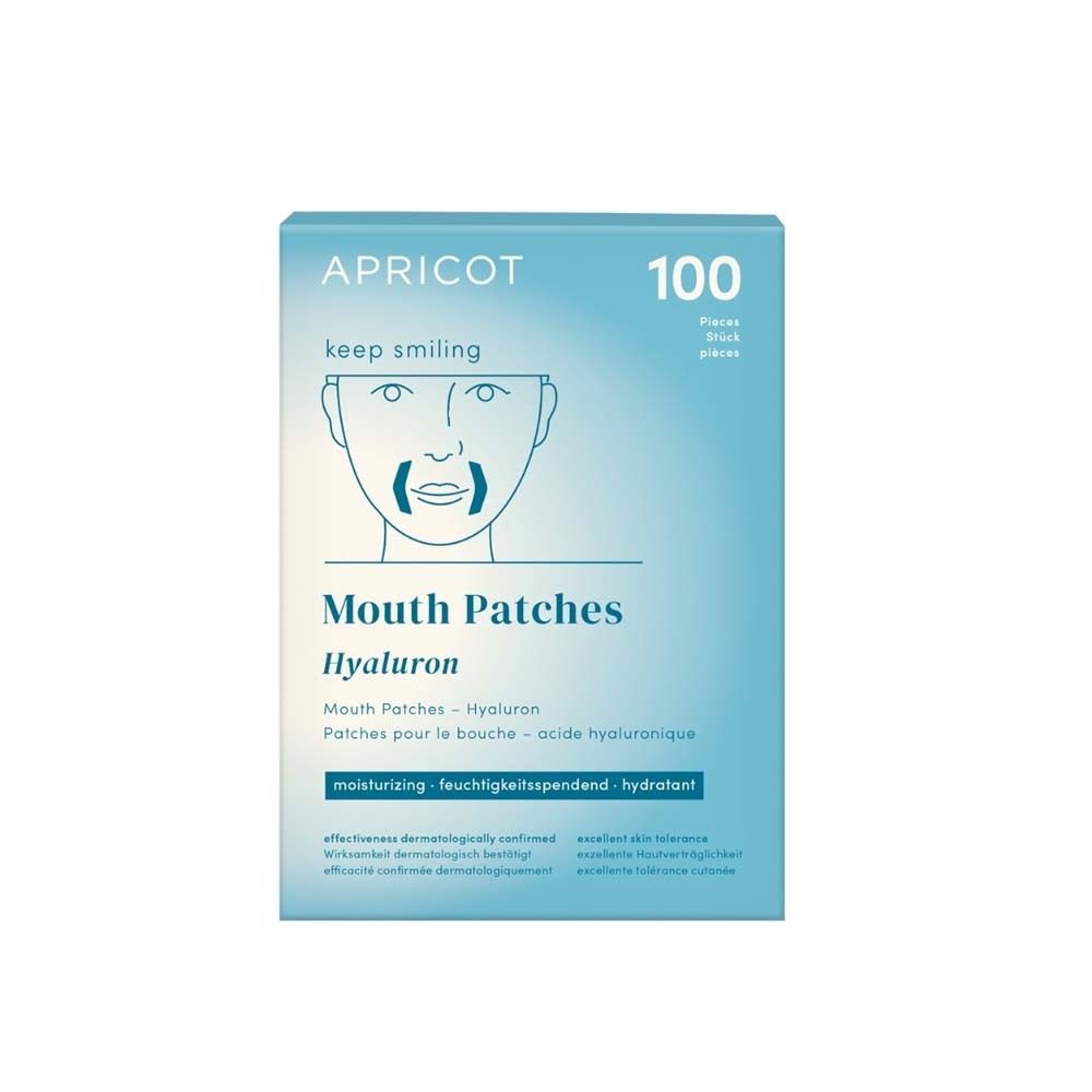 Blau-weiße Verpackung mit Produktname APRICOT, Mund Patches, Hyaluron. 100 Stück. Text in Deutsch, Französisch.