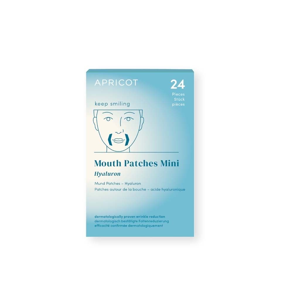 Packung mit Aufschrift APRICOT, 24 Stück, Mund Patches Mini Hyaluron. Auf der Packung ist ein Gesicht mit Patches abgebildet.