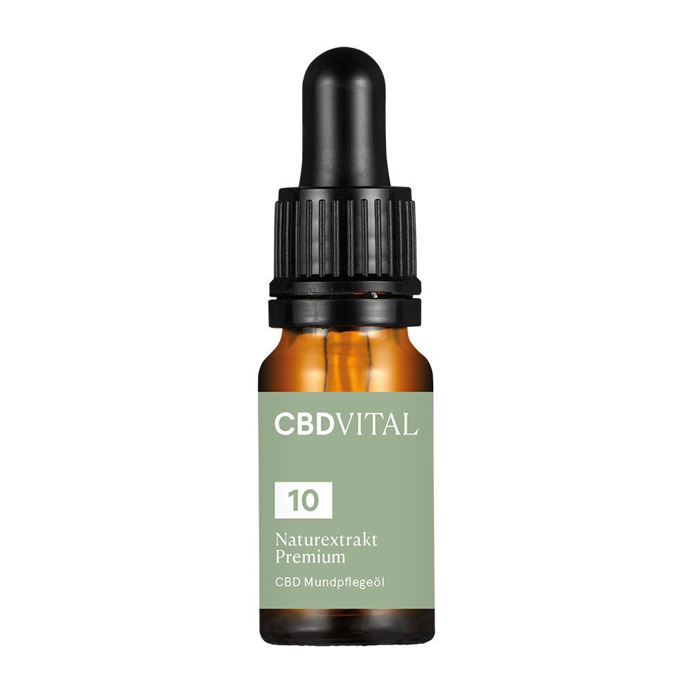 Braune Glasflasche mit schwarzem Tropfer. Aufschrift: CBDVITAL, 10, Naturextrakt Premium. CBD Mundpflegeöl.