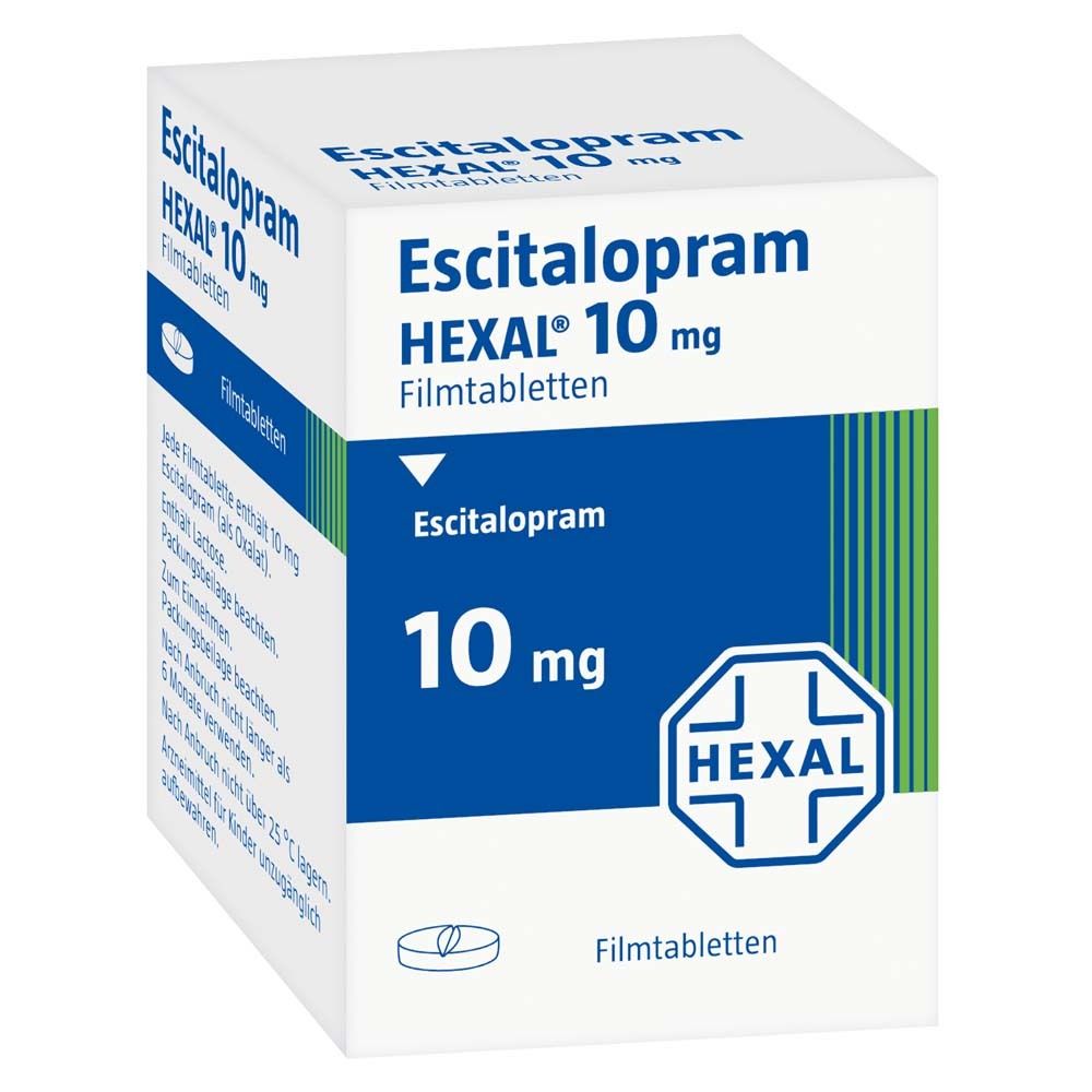 Schachtel Escitalopram HEXAL 10 mg Filmtabletten. Blaue und weiße Verpackung mit Produktnamen und HEXAL-Logo.